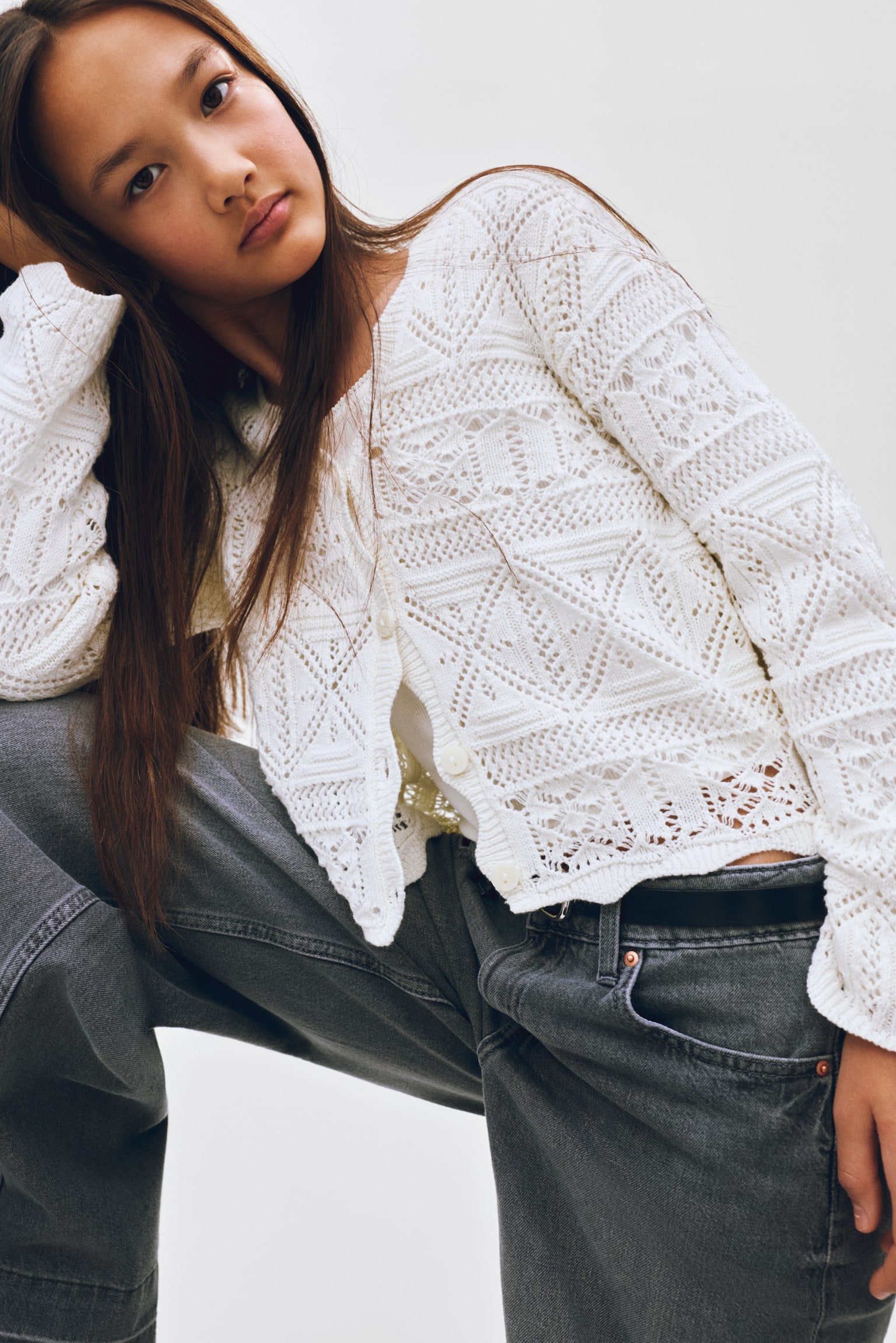 Kofta med virkad look - Vit/Ljusblå - 3