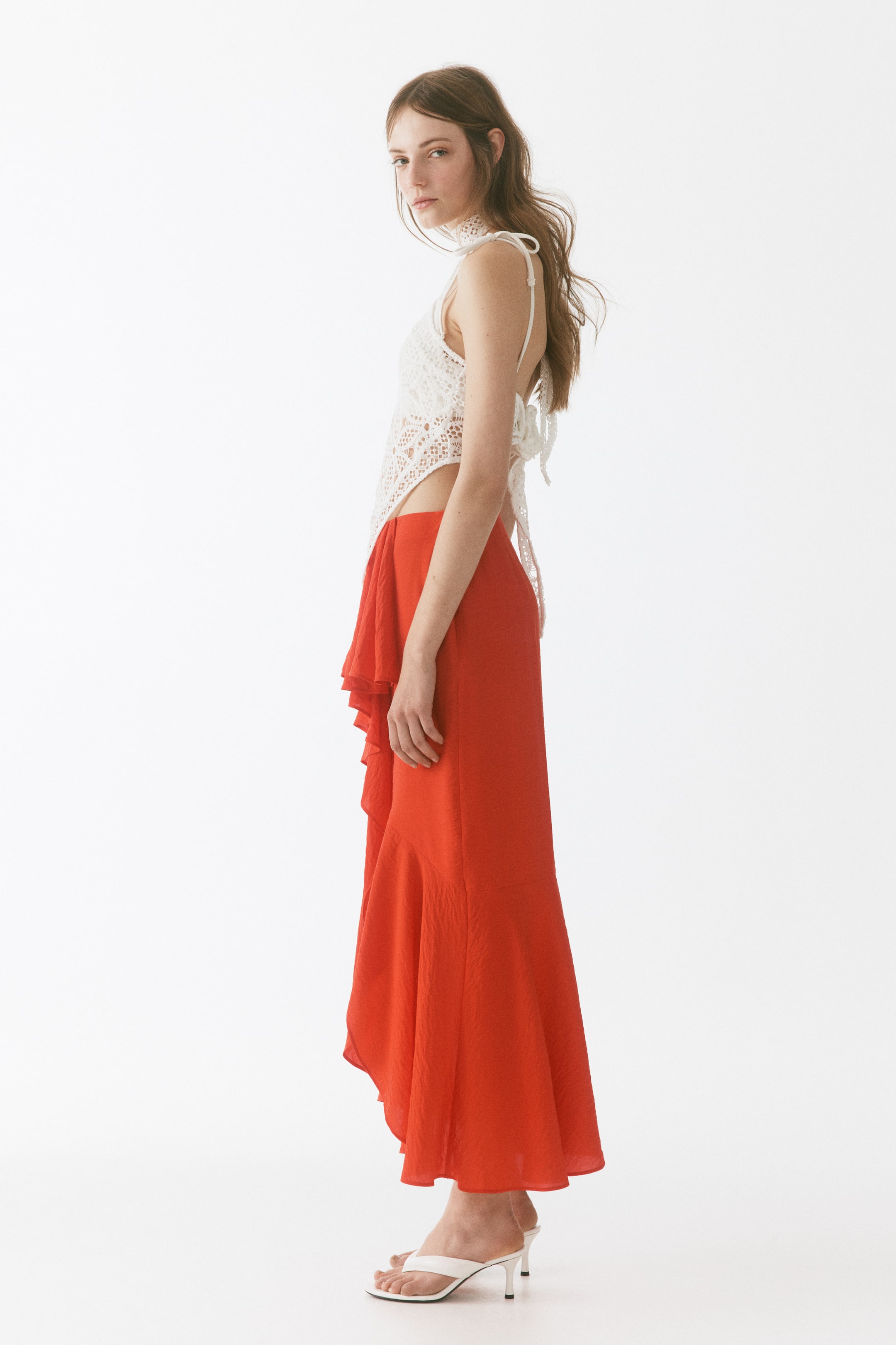 Flounce-trimmed viscose-blend skirt