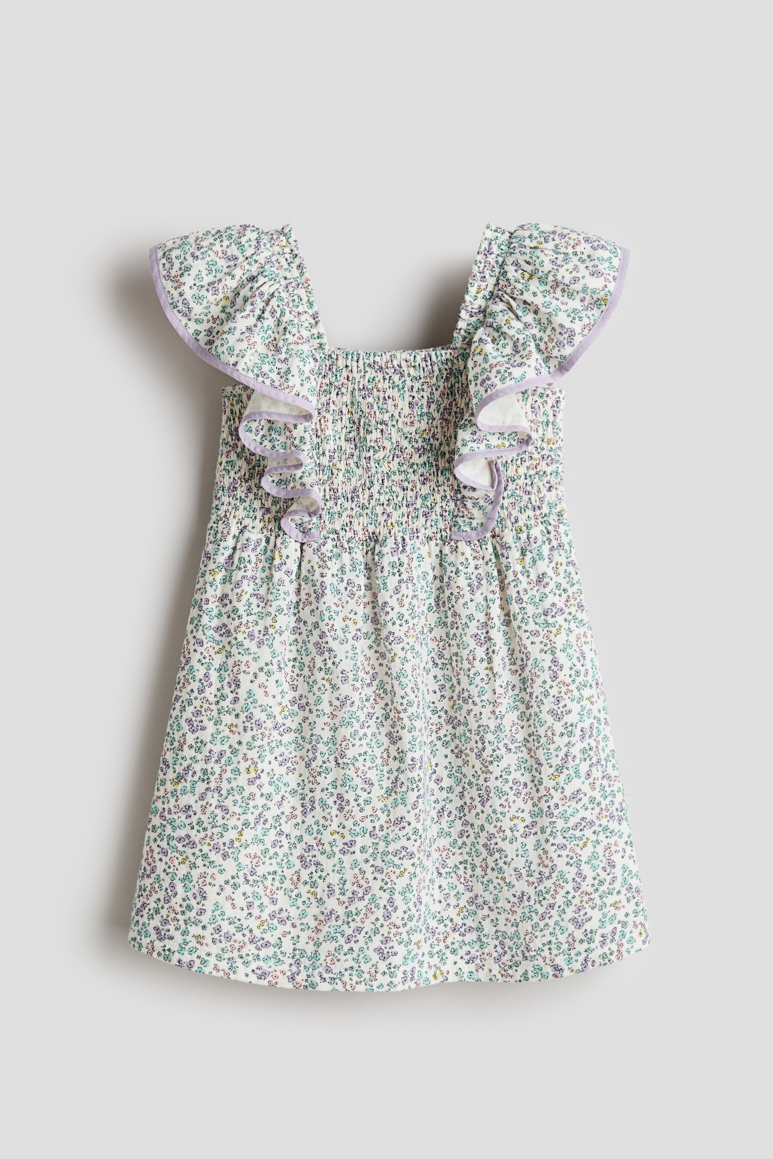 Smocked flounce-trimmed dress - Cream/floral/Light blue/striped