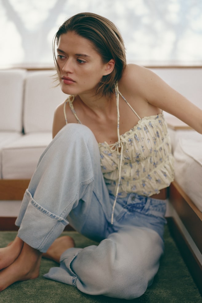 Top with Tie Shoulder Straps-Light yellow/floral - 4