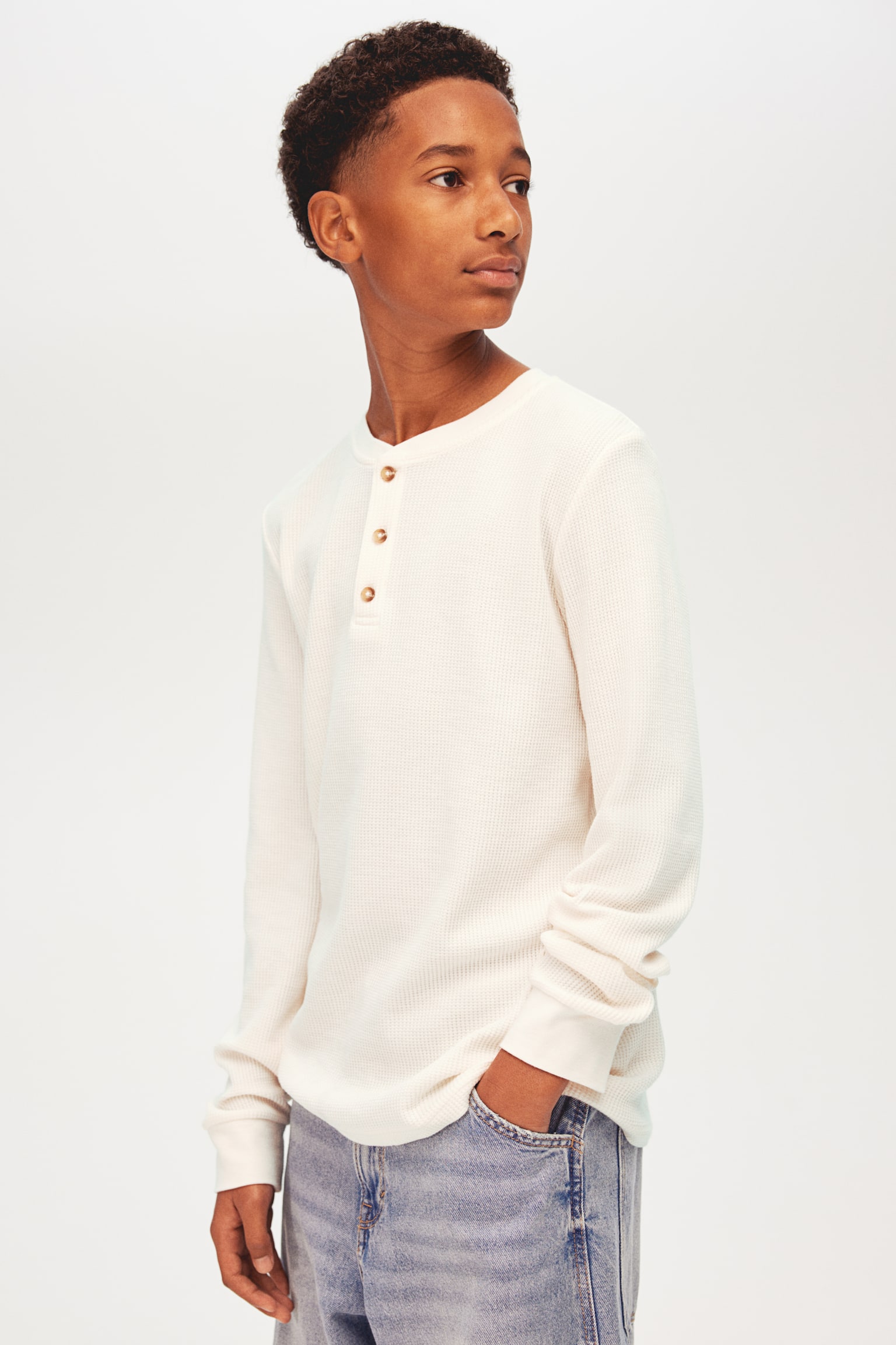 Waffled jersey Henley top - Natural white/Beige/Black - 4