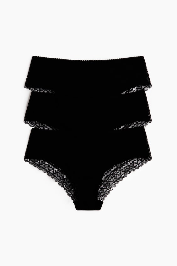 Трусы-хипстер, хлопок, кружево, 3 шт. — H&M, цвет: Чёрный