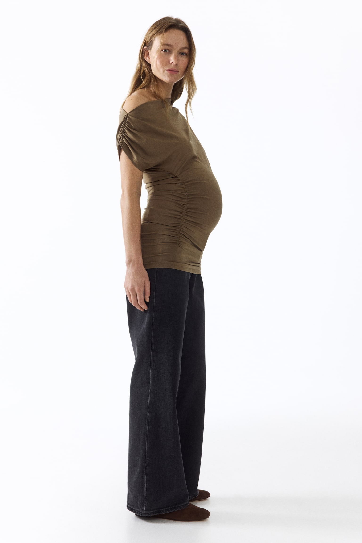 MAMA Drapiertes One-Shoulder-Shirt-Khakigrün - 4