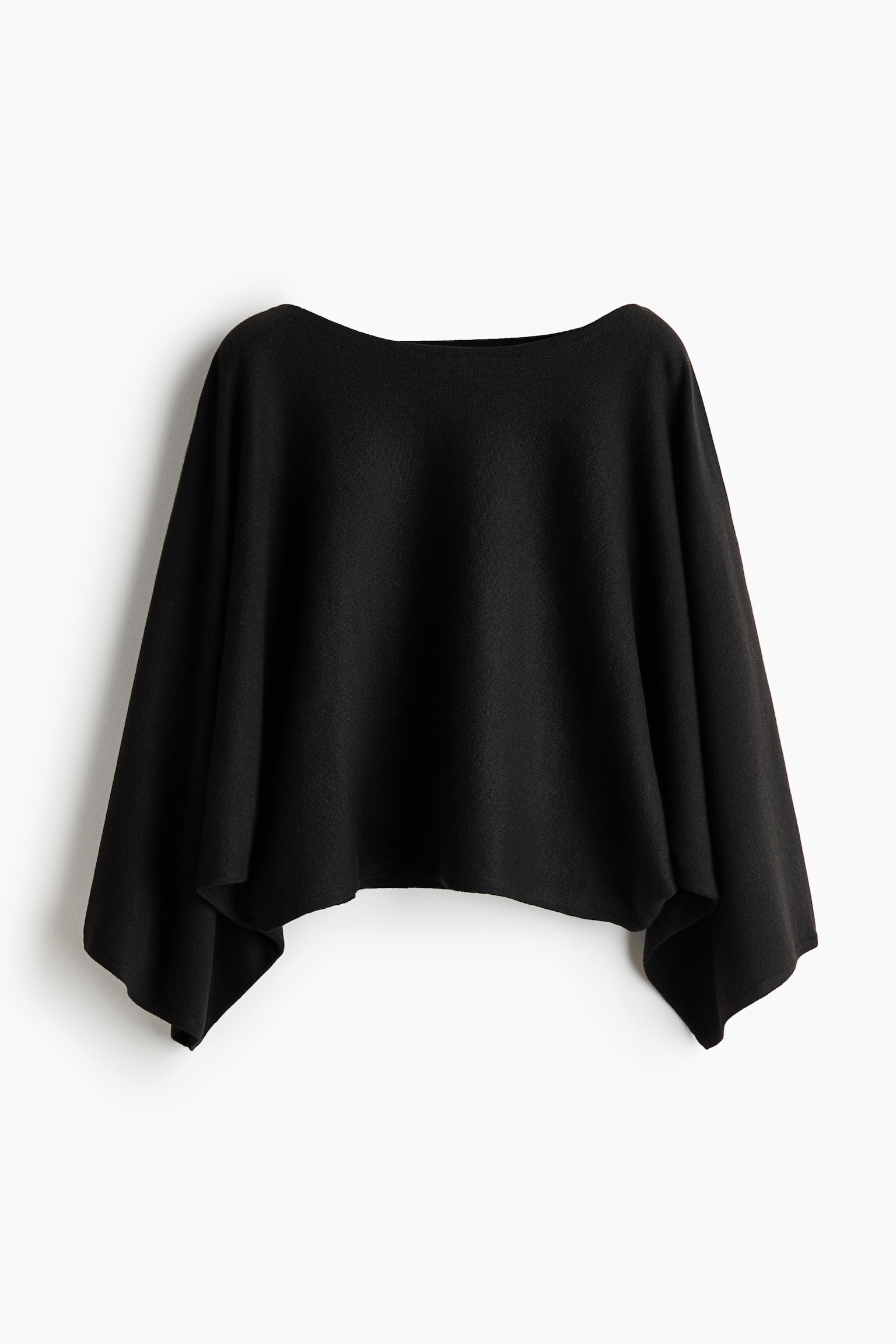 A short, loose-fit black knit top is hanging facing front, featuring a wide boat neckline and long cape sleeves that are draping down the sides. - 1