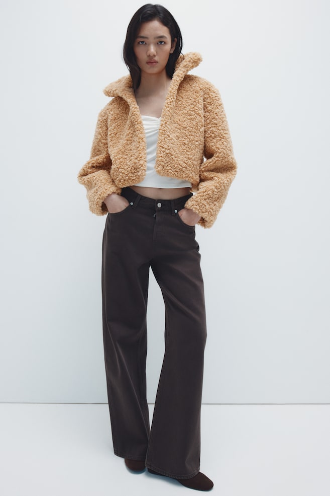 Cropped Teddy Fleece Jacket-Dark beige - 2