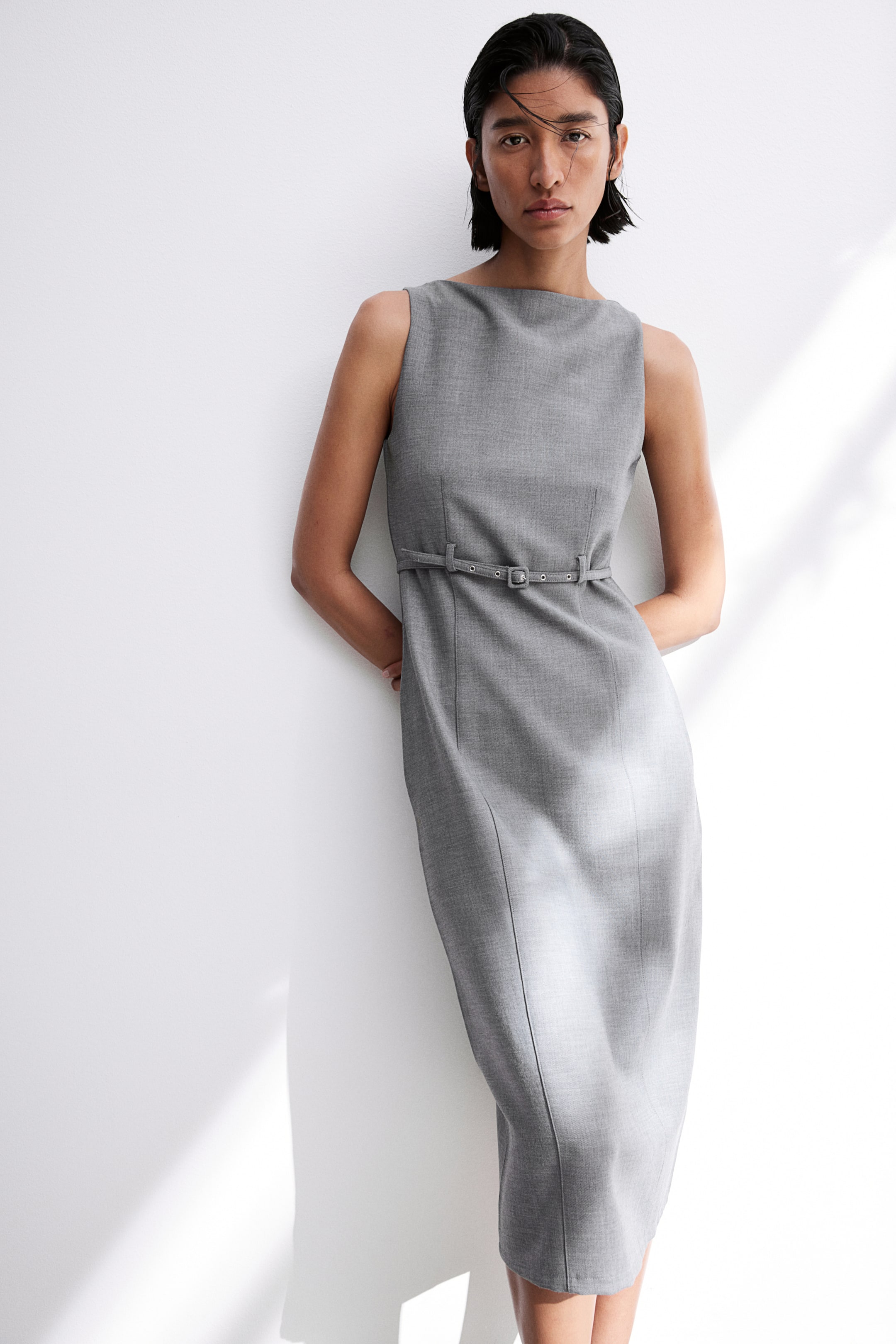 Belted Boat-Neck Dress