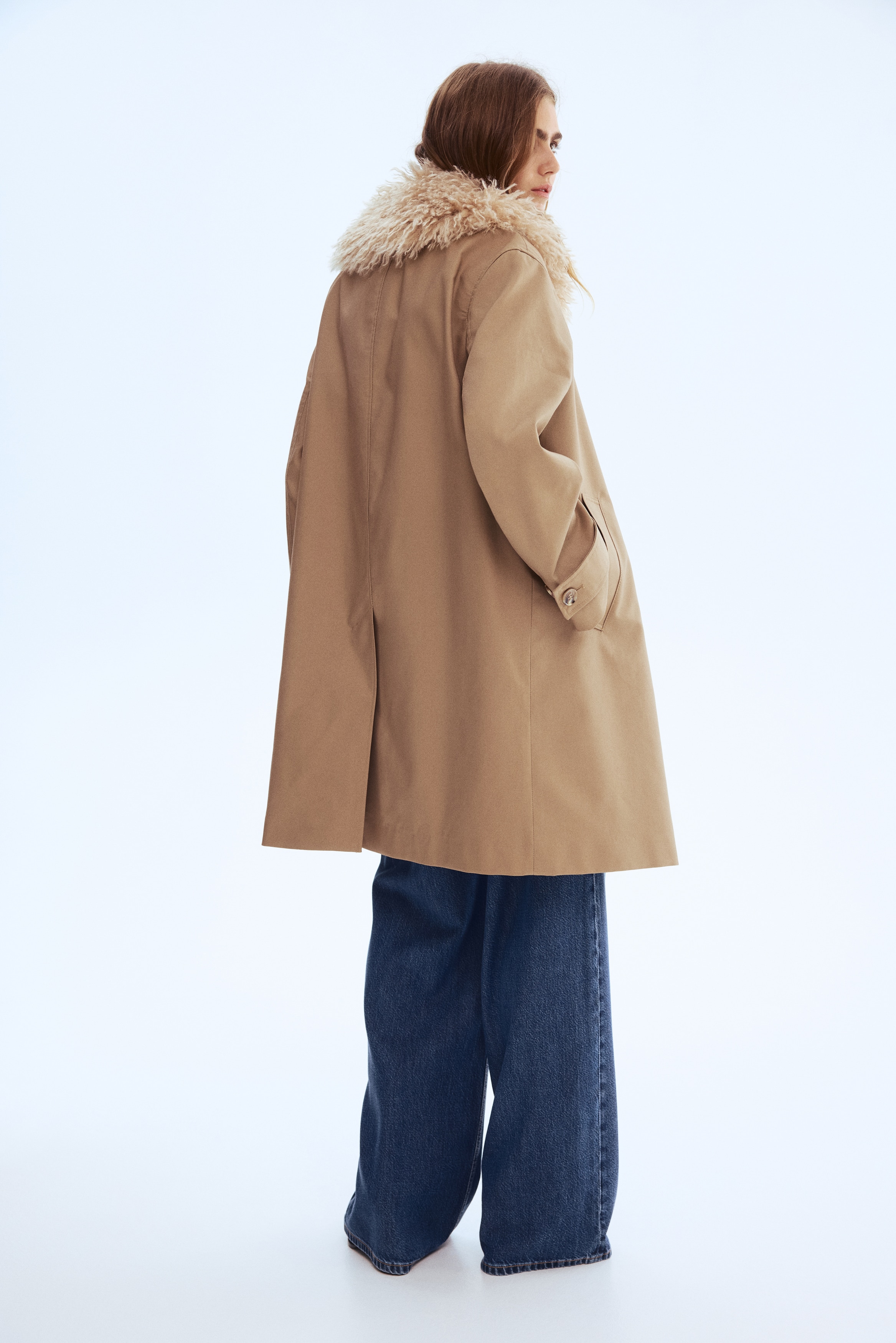 Women's Beige Twill Coat with Fluffy Collar | H&M US