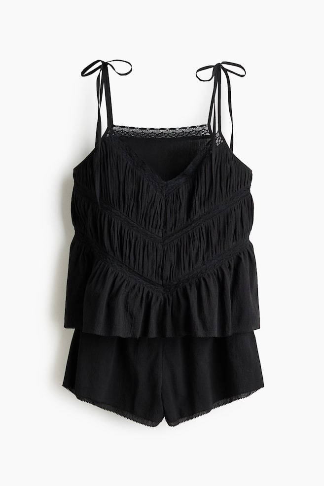 Lace-Detail Cotton Pajamas - Black/Cream - 1