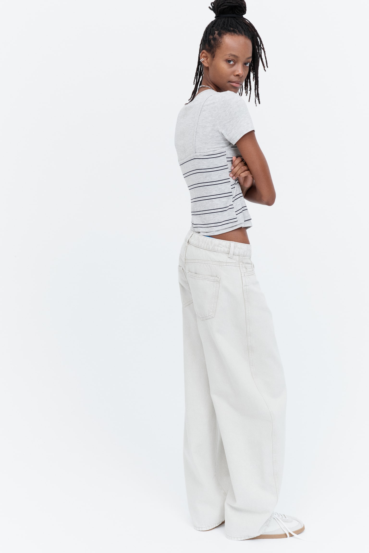 Женский топ H&M Layered Jersey Top, цвет: Серый меланжевый / Полосатый — фото 5