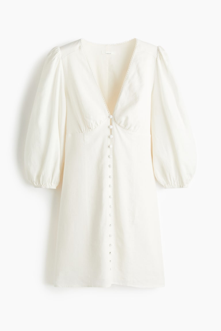 white linen dress h&m Women's White Linen-Blend Dress with Embroidery