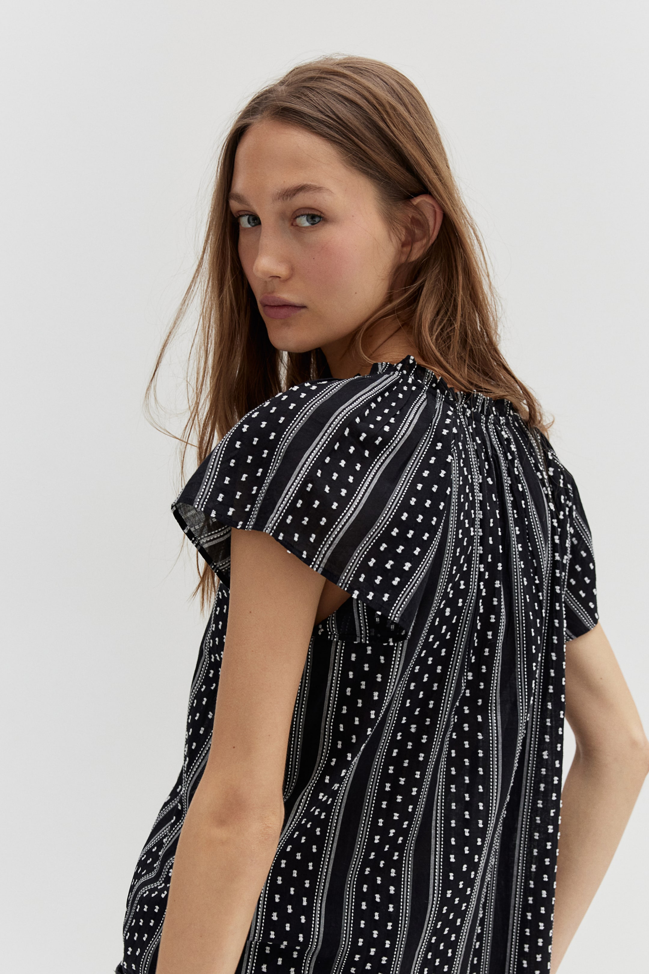 Drawstring-detail cotton blouse - Black/Striped - Ladies | H&M GB