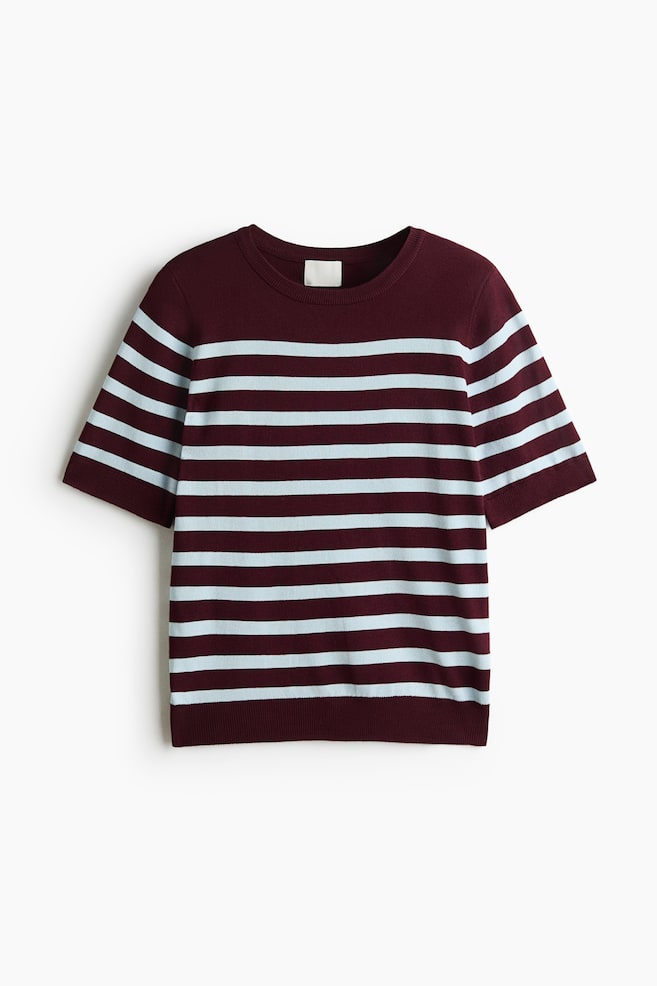 This short-sleeved, fine-knit sweater is displaying horizontal burgundy and light blue stripes from a front view. It is featuring a round, rib-trimmed neckline, short sleeves with ribbed cuffs, and a ribbed hem. - 1