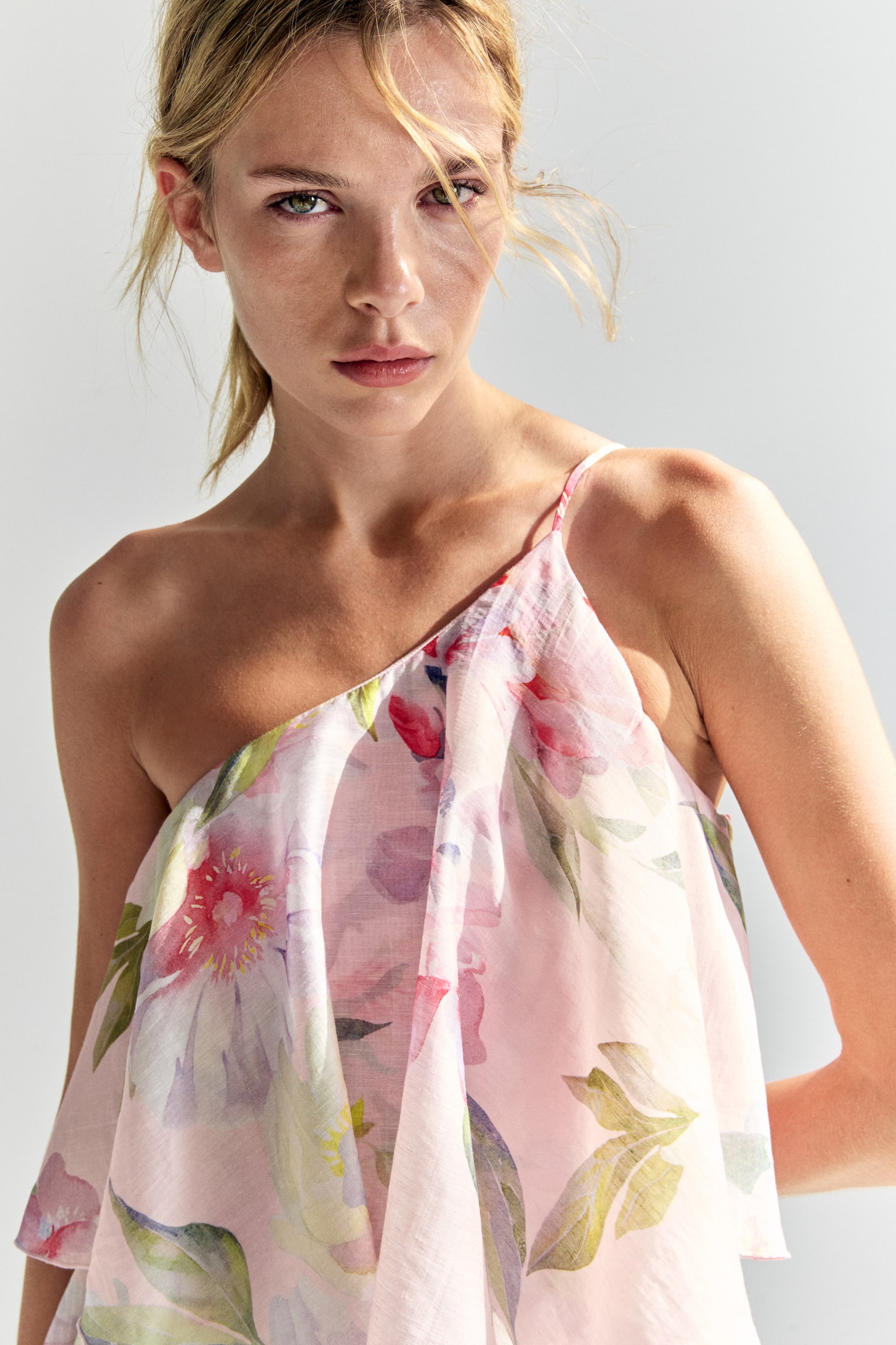 Tiered one-shoulder linen-blend dress-Light pink/Floral - 6