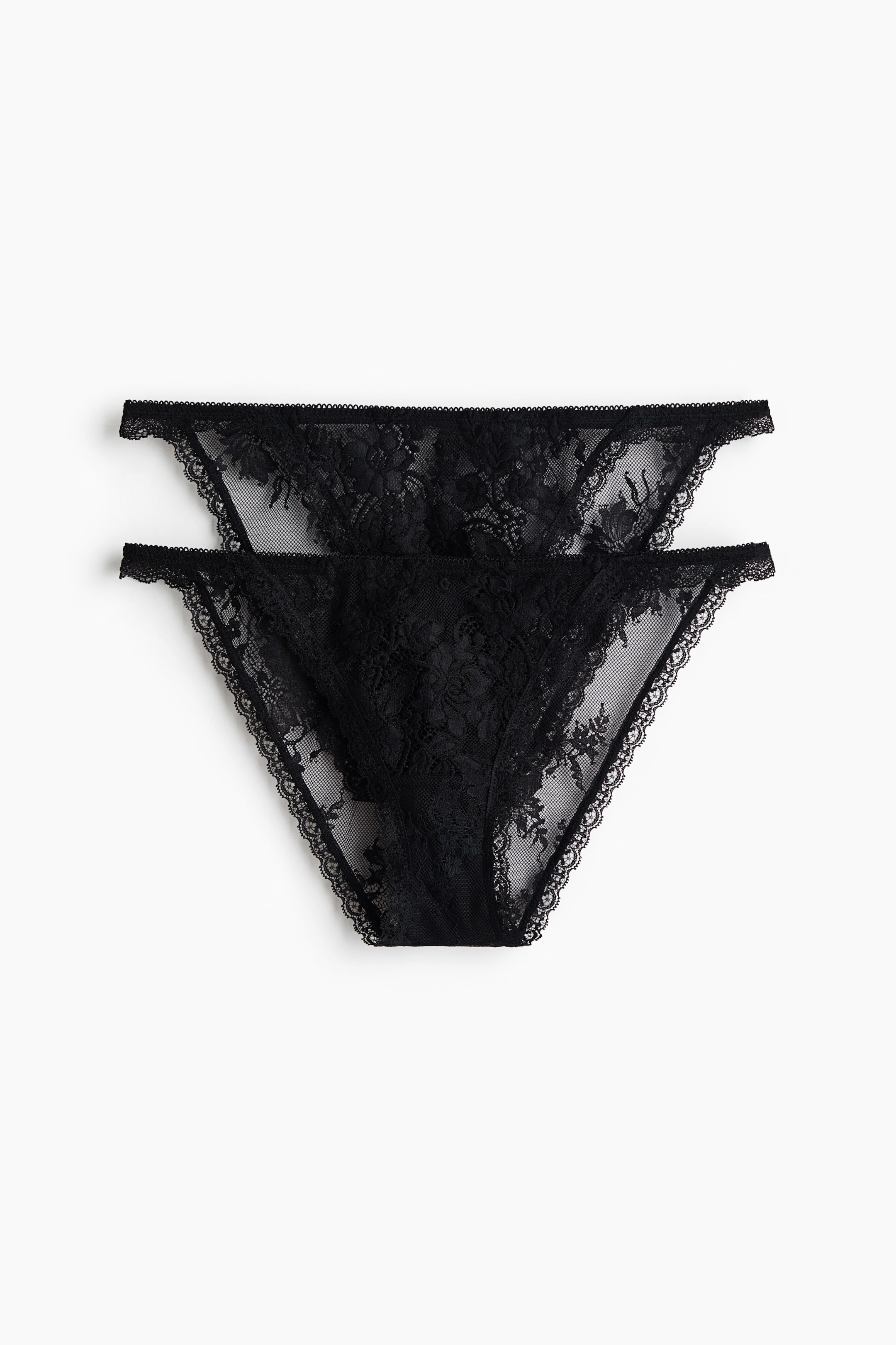 View larger image: Two pairs of black lace briefs are overlapping in a front view, displaying sheer floral lace panels, fine mesh detailing, and delicate scalloped lace trims along the edges.
