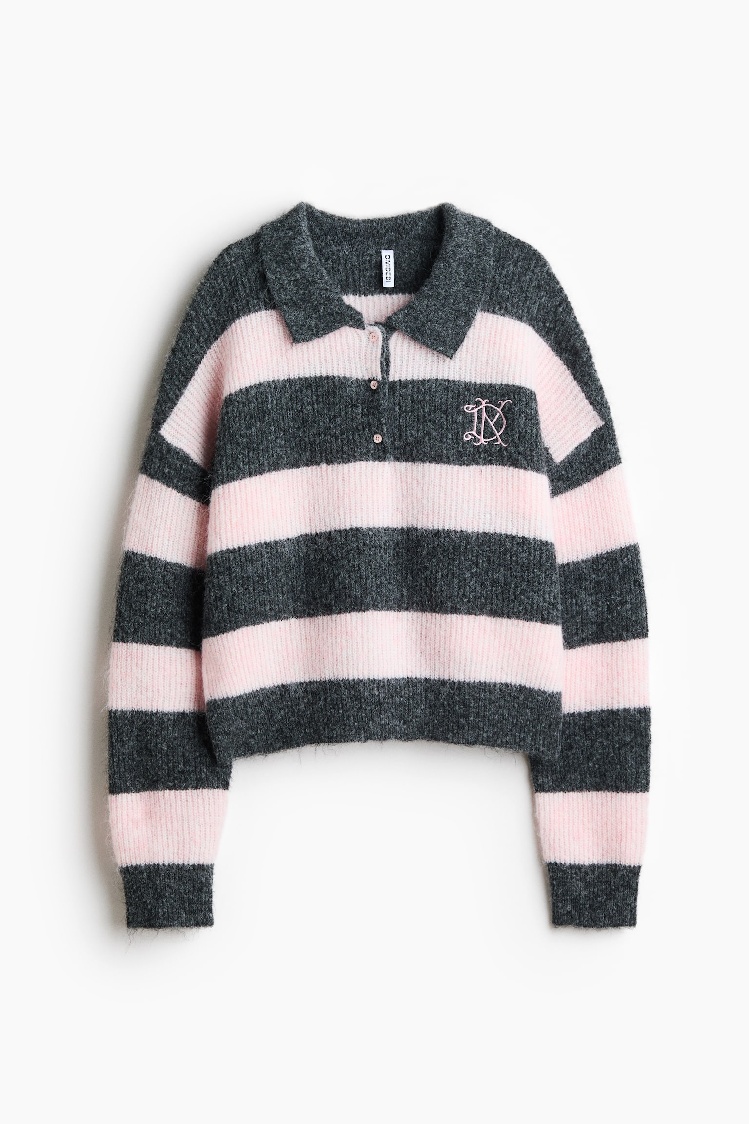 Rib-knit polo jumper - Dark grey/Light pink/Cream/Dark green striped - 1