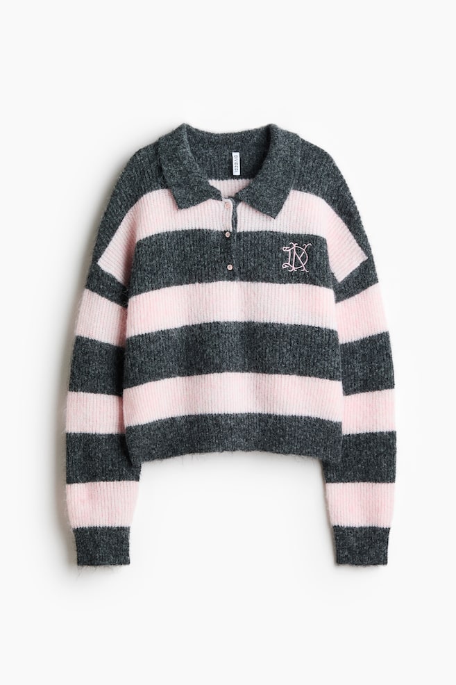 Jersey tipo polo en punto de canalé - Gris oscuro/Rosa claro/Crema/Rayas verde oscuro - 1