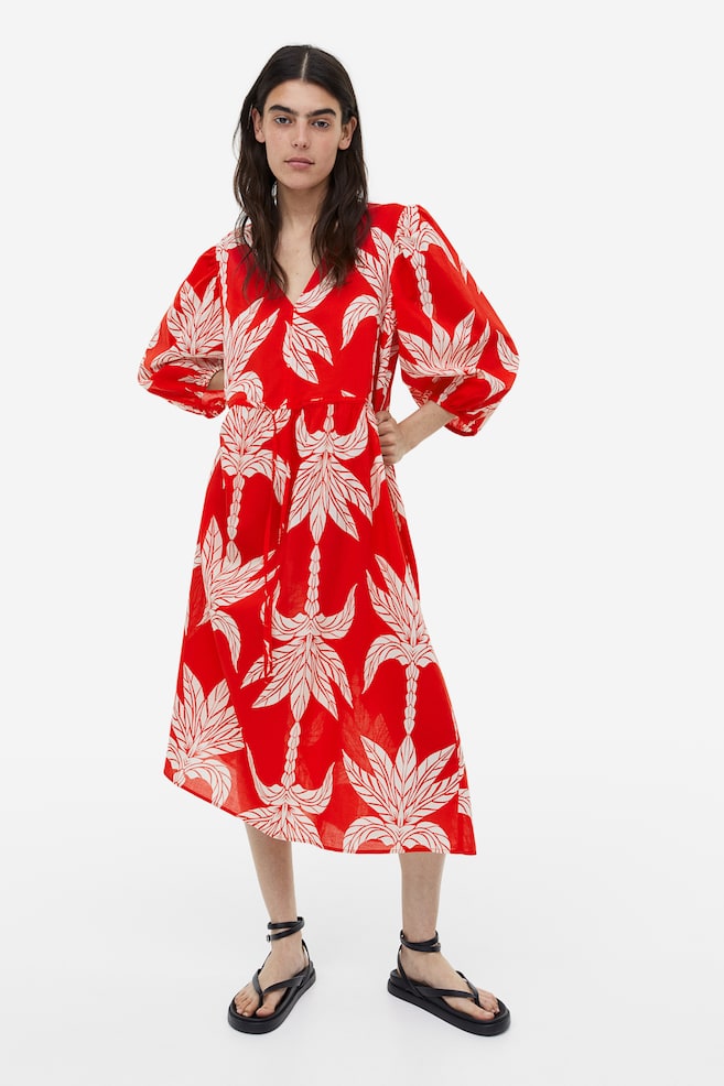 Balloon-sleeved cotton dress - Red/Palm trees/Bright blue/Patterned/Black/Patterned - 1