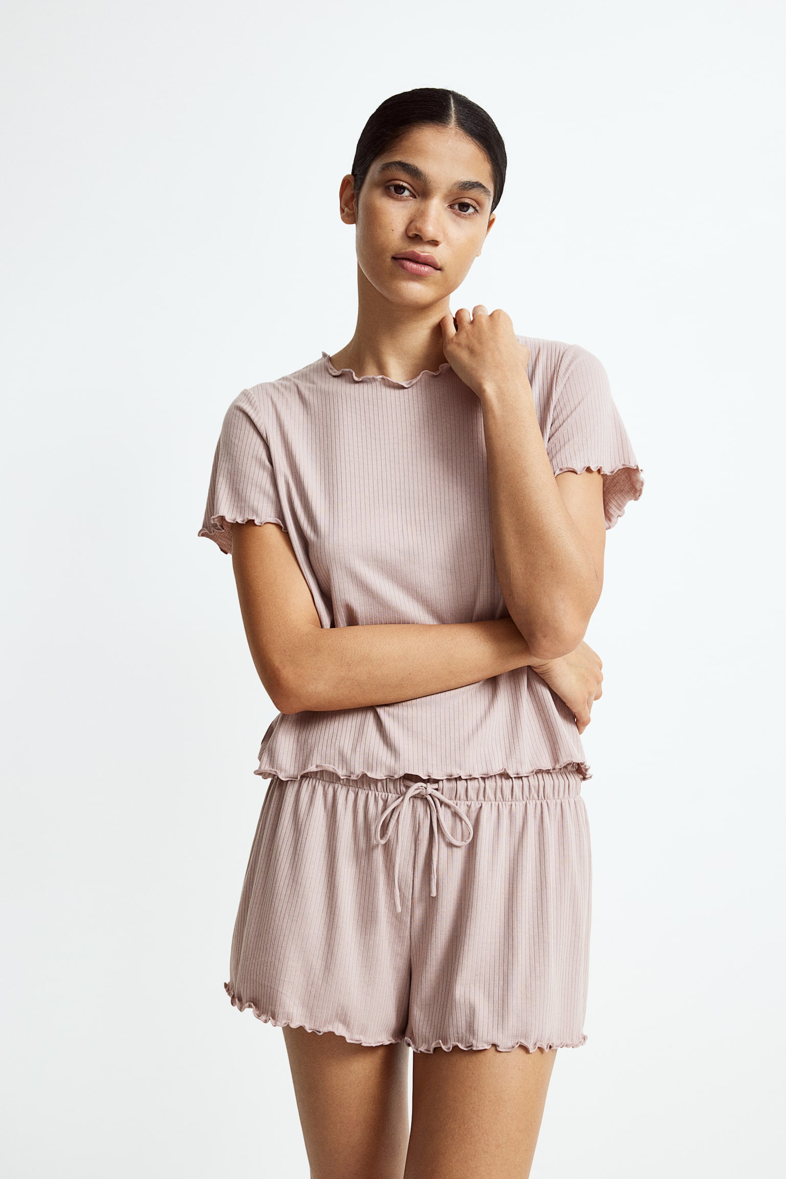 Overlocked Detail Rib Pyjama Set - Dusty pink/Dark grey/White - 1