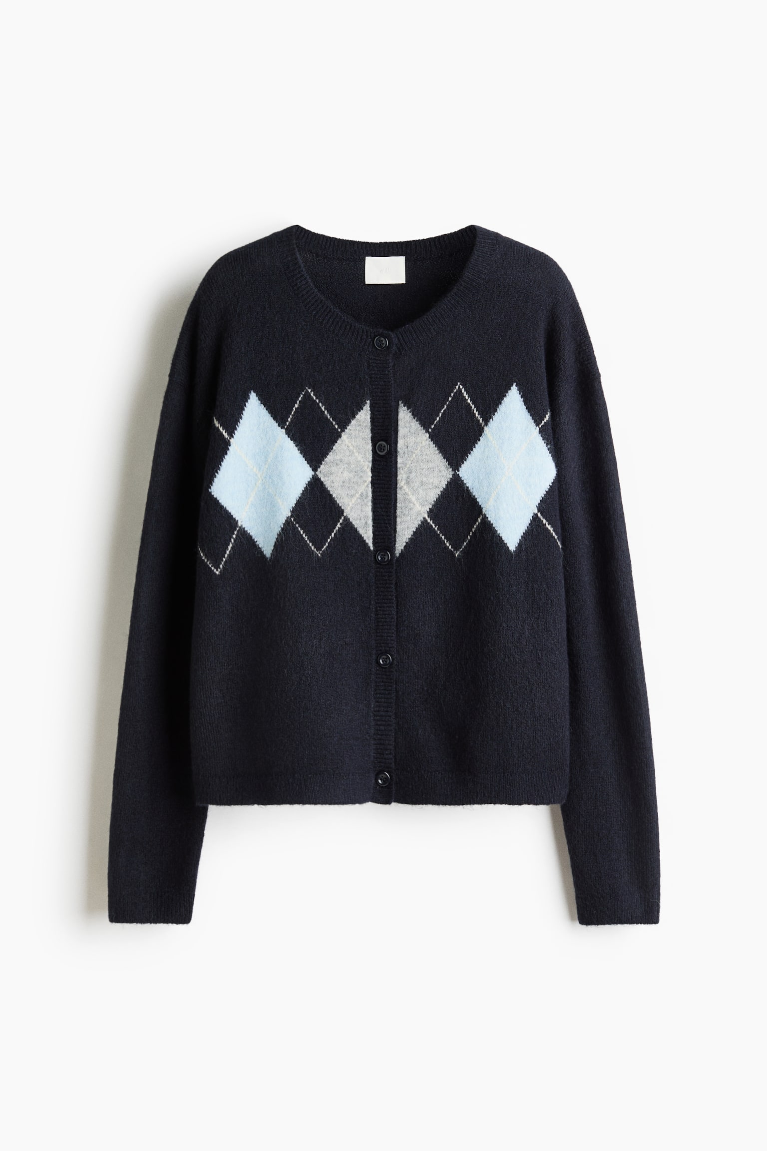ジャカードニットカーディガン - ネイビーブルー／アーガイルパターン/ダークグレーメランジ／アーガイルパターン