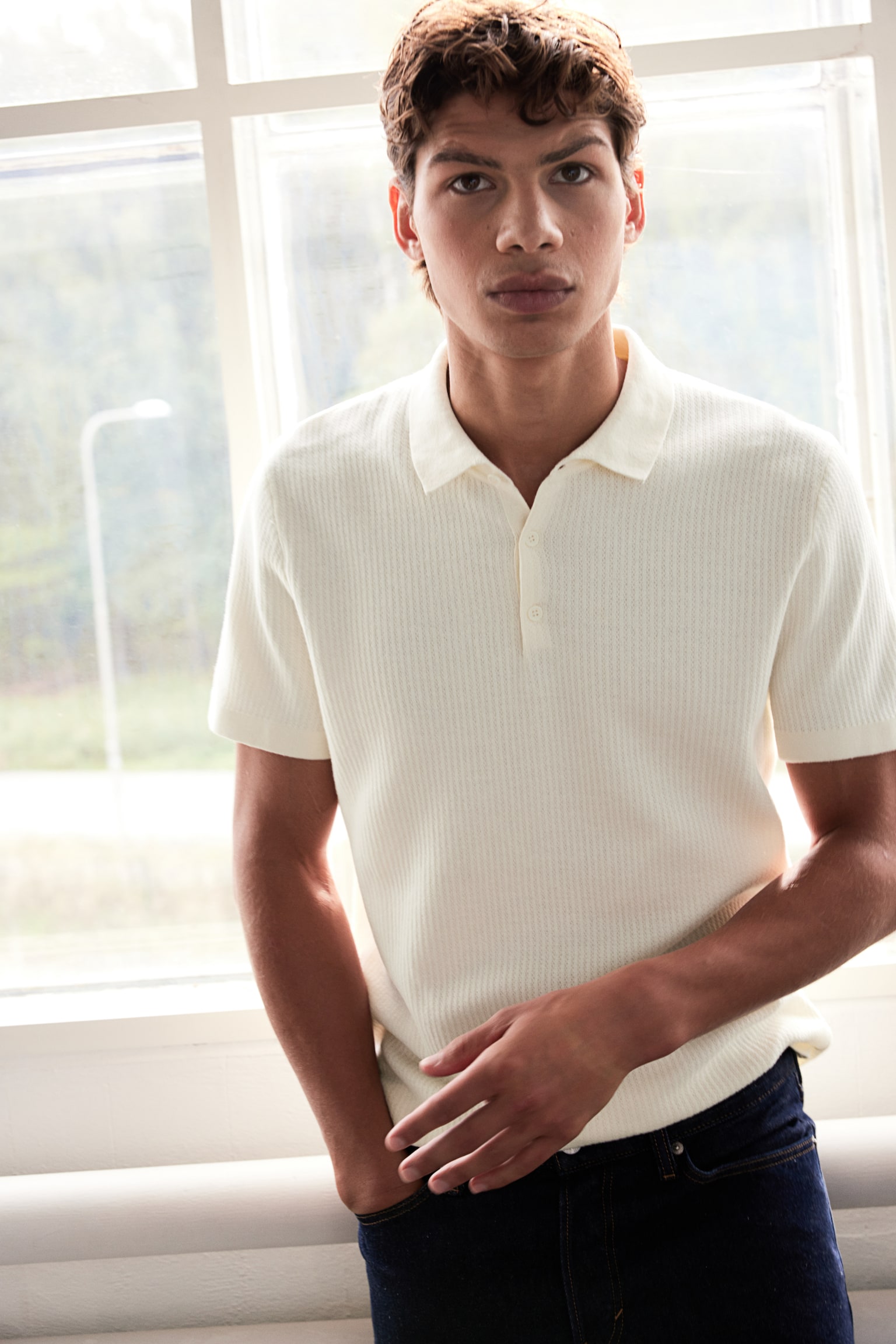 Slim Fit Textured Polo Shirt - Cream/Navy blue/Dark brown - 1