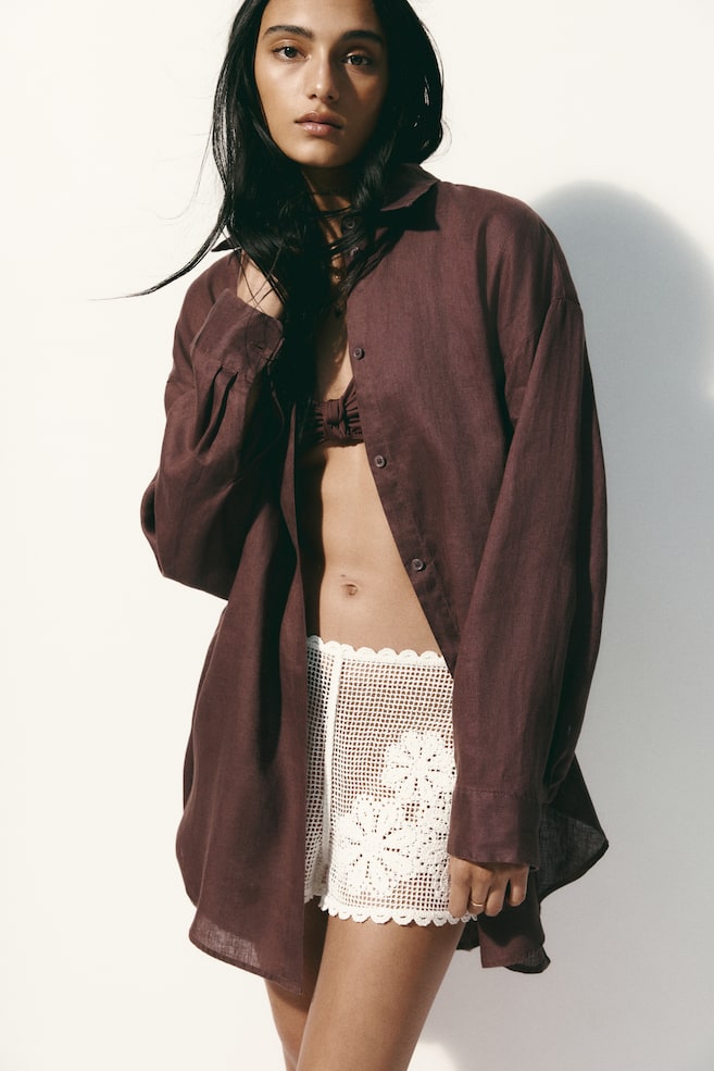 Linen Beach Shirt - Dark brown/White/Black - 1