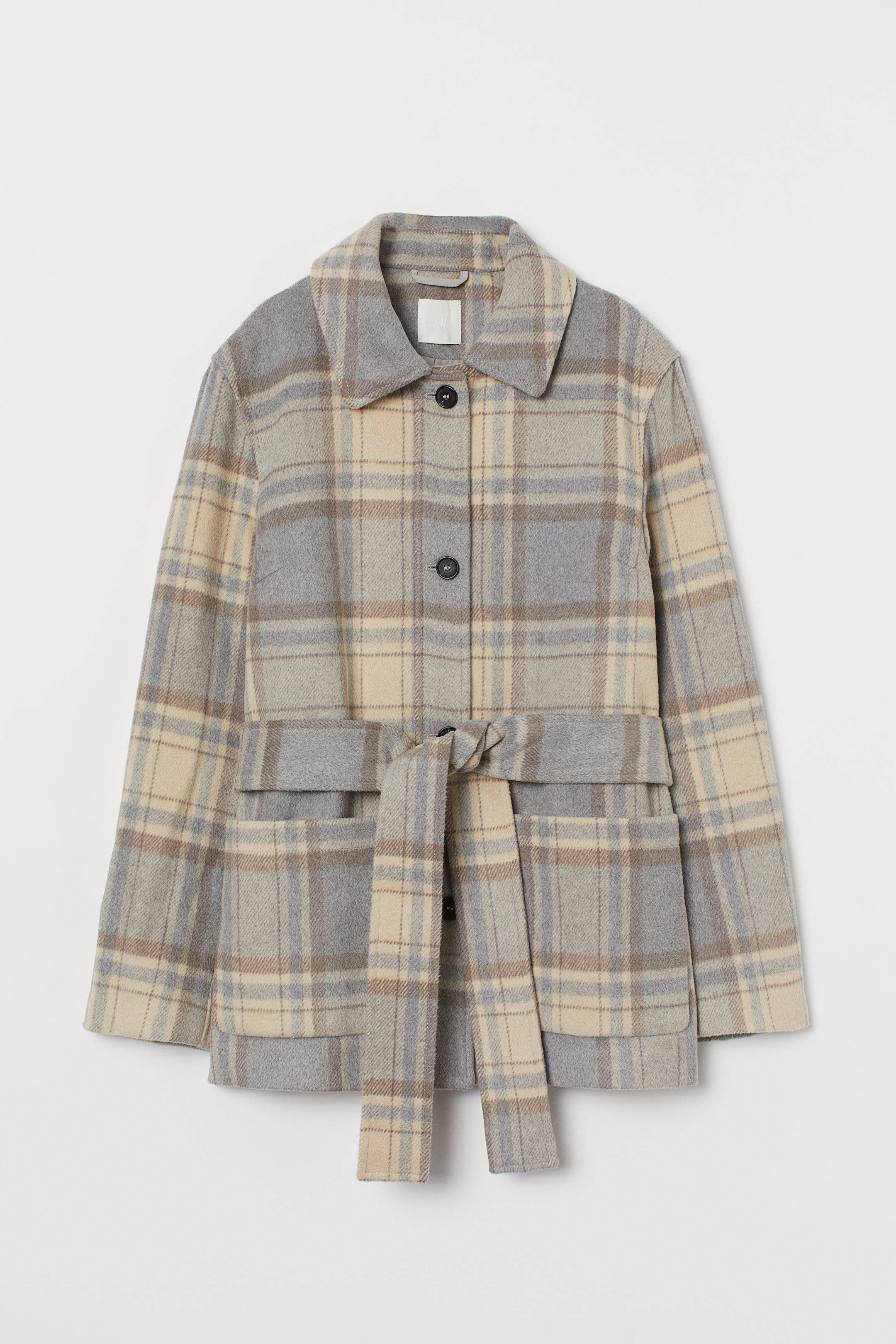 Tie-belt jacket Light grey marl/Checked Ladies H&M HK