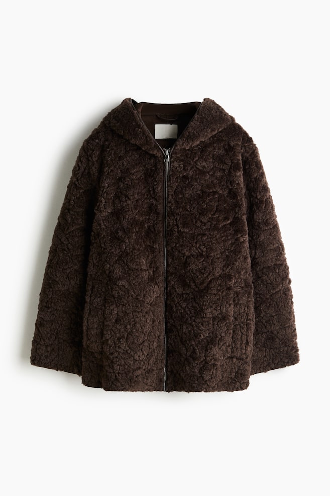 Hooded Teddy Fleece Jacket - Dark brown/Beige - 1