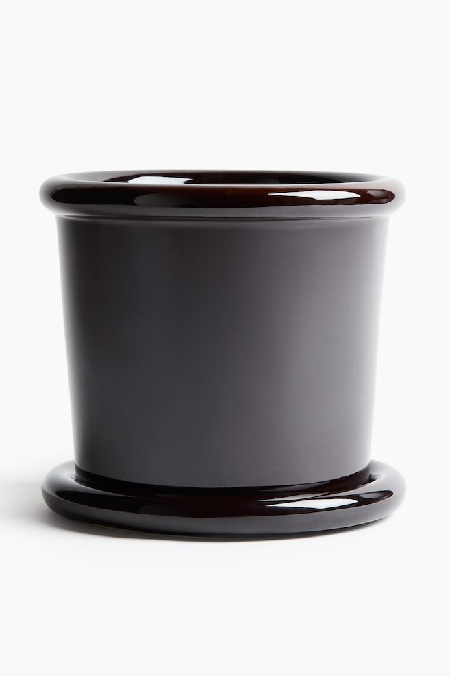 Large Stoneware Plant Pot with Saucer - Dark brown/Light green/White/Light gray - 1