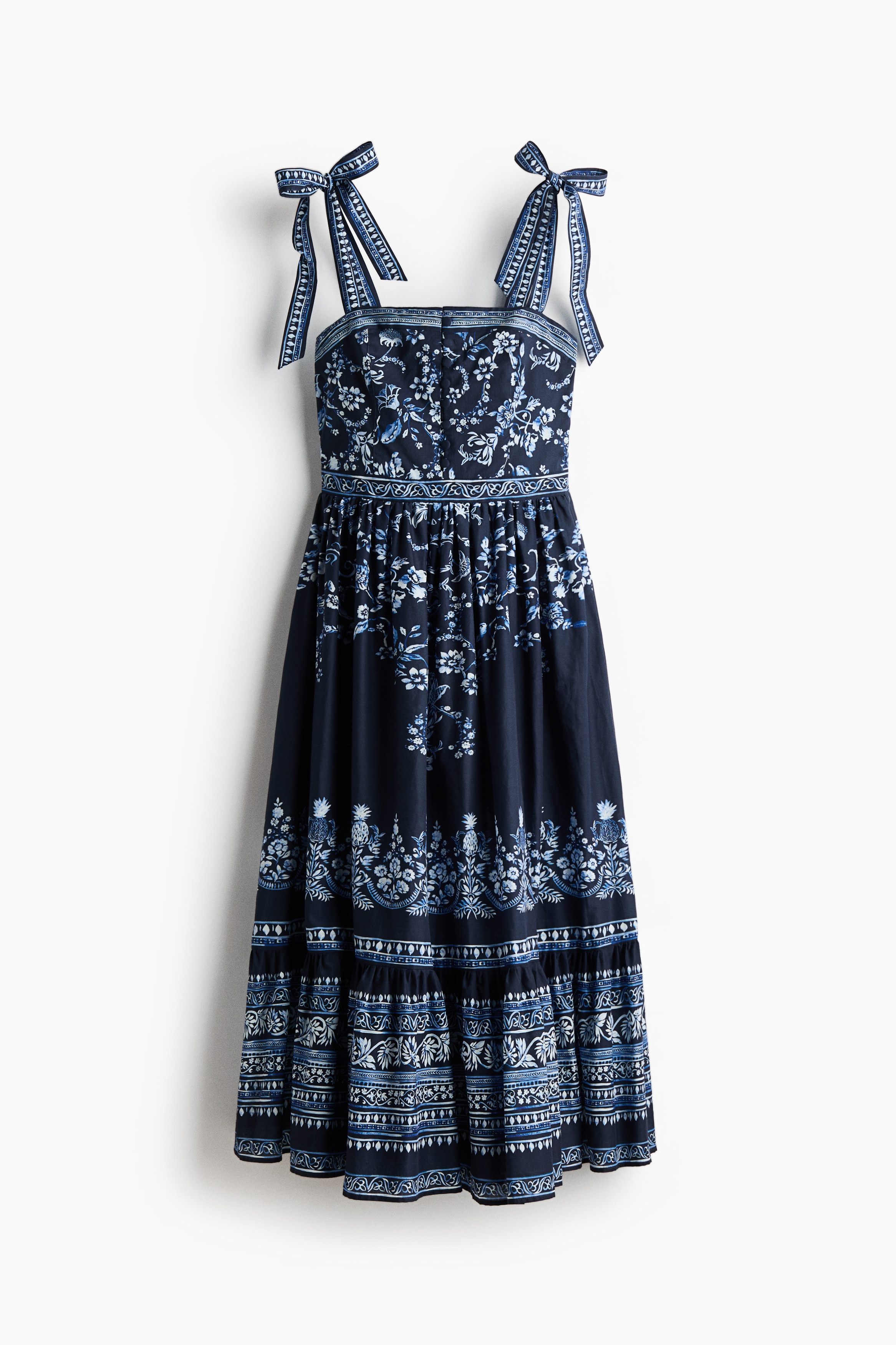 Cotton Dress with Tie-Top Shoulder Straps - Navy blue/floral