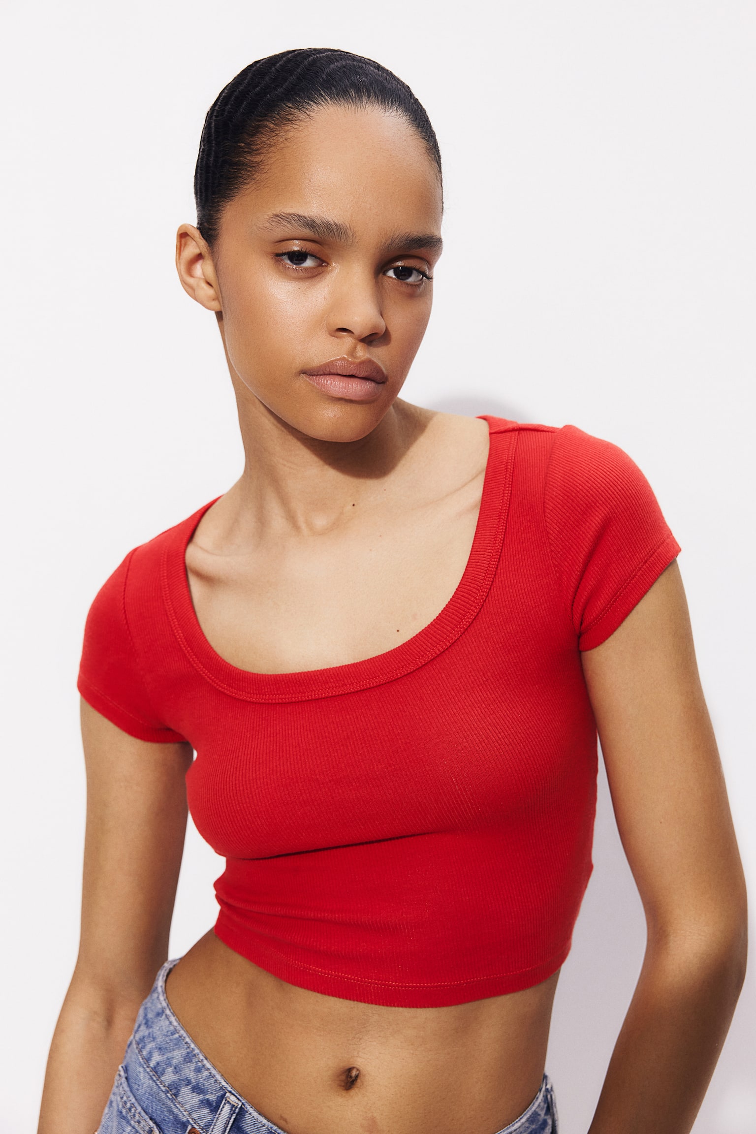 Cropped ribbed T-shirt - Red/Black/White/Light grey marl/Navy blue/Light grey - 3