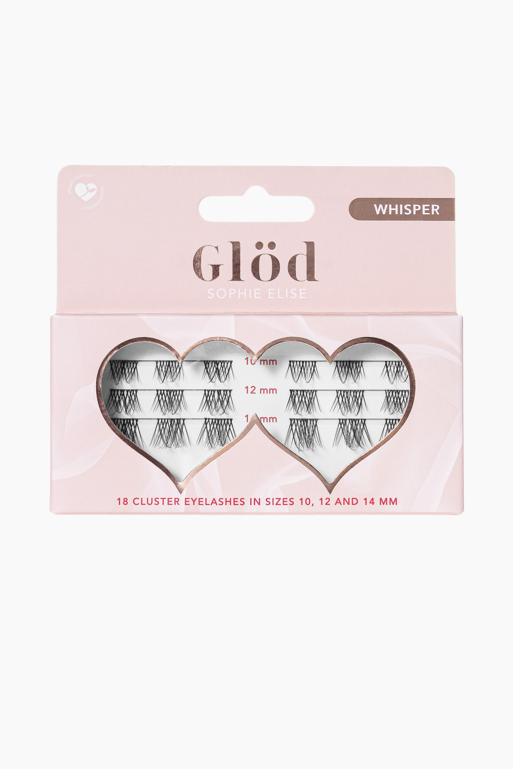 Visa större bild: En ljusrosa Glöd Sophie Elise 'Whisper'-låda med 18 klusterögonfransar står framåt och visar de svarta ögonfransarna genom två hjärtformade utskärningar. Ögonfransarna är synligt arrangerade i rader med storlekarna 10 mm, 12 mm och 14 mm.