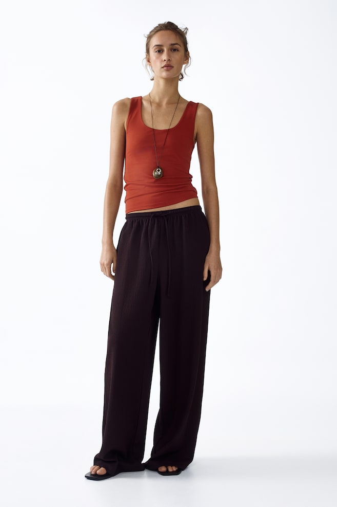 Wide-cut Pull-on Pants-Dark brown - 4