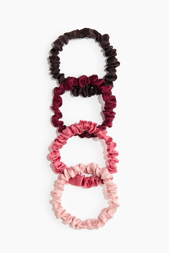 4-pak scrunchie i silke - Vinrød/Rosa/Mørkebrun/Mørk beige/Sort/Beige/Lys gråbeige - 1