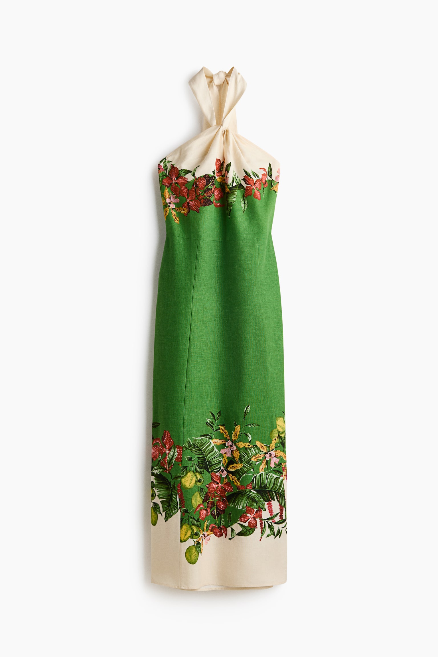 Linen-blend halterneck dress - Green/Flowers - 2