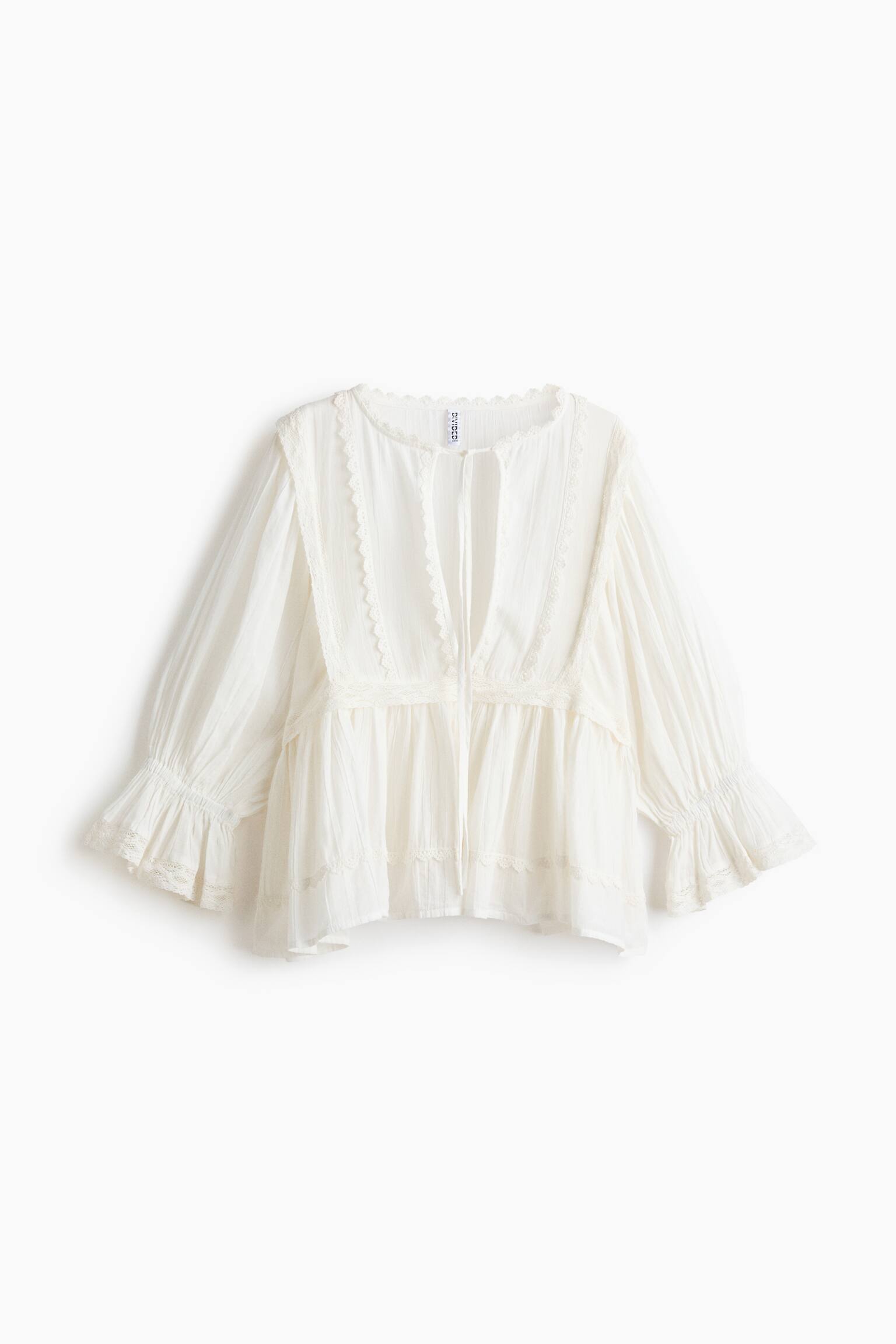 Бавовняна блуза з мереживною окантовкою - Білий/Рожевий - 1