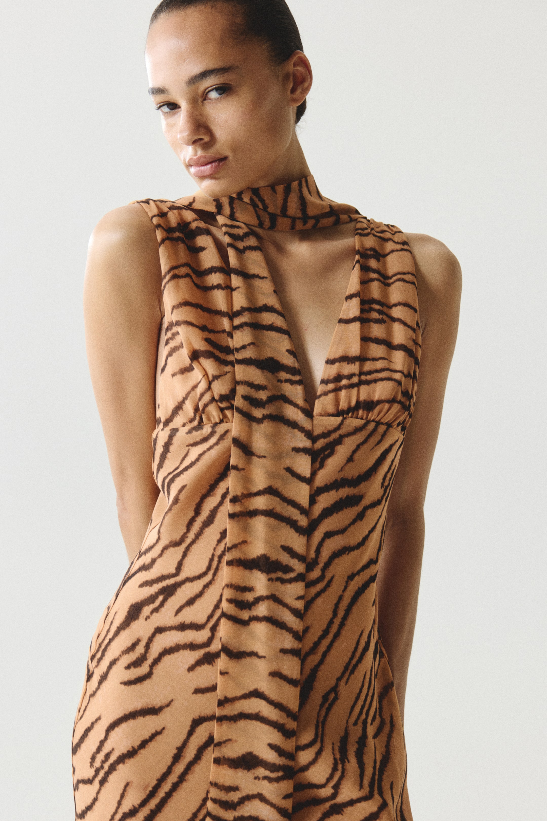 Scarf-Collar Midi Dress