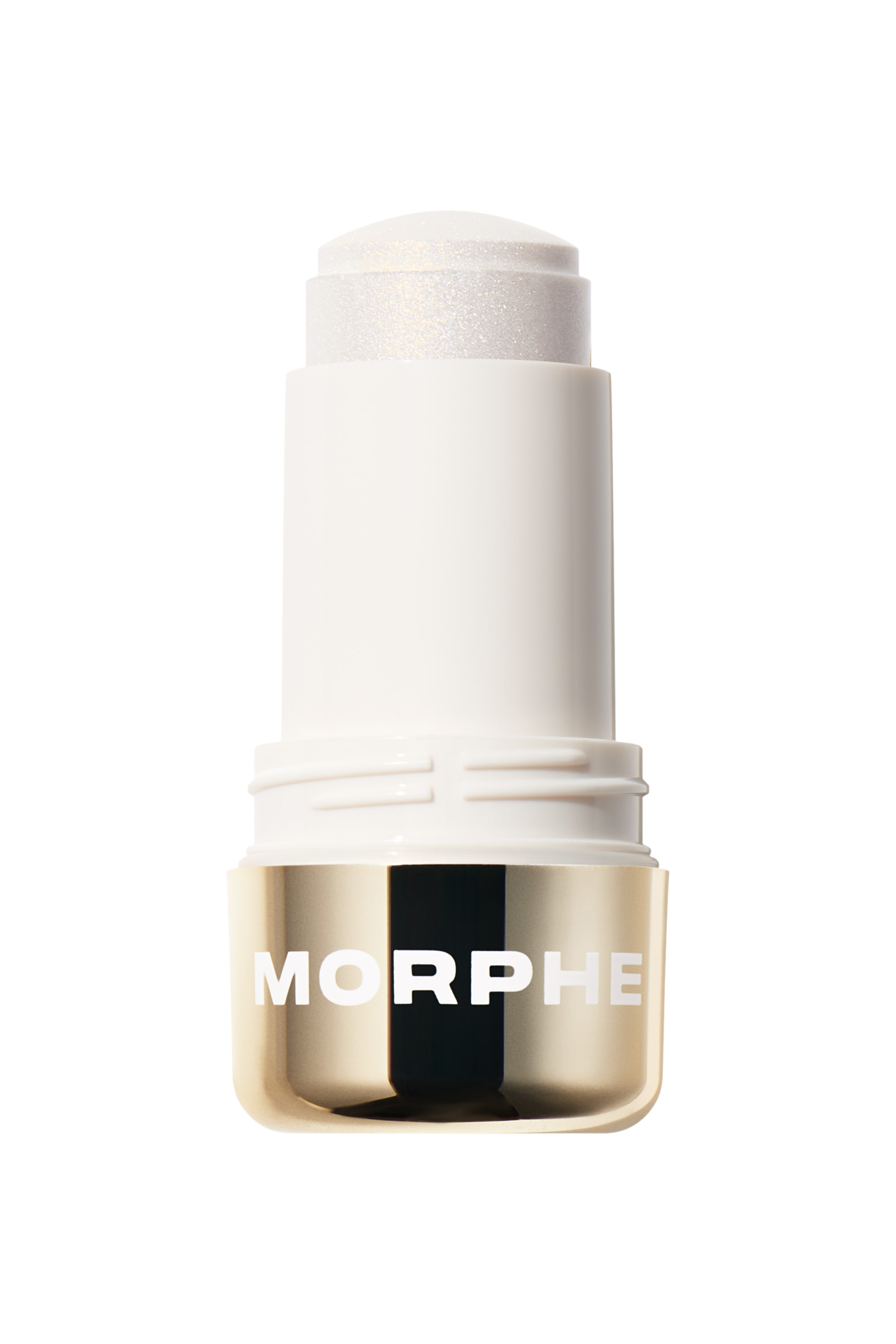 Visa större bild: En kosmetikstick står upprätt och visar upp sin skimrande, kupolformade vita produkt som sträcker sig från en vit plastcylinder. Den reflekterande guldbasen har varumärket "MORPHE" i vita versaler.