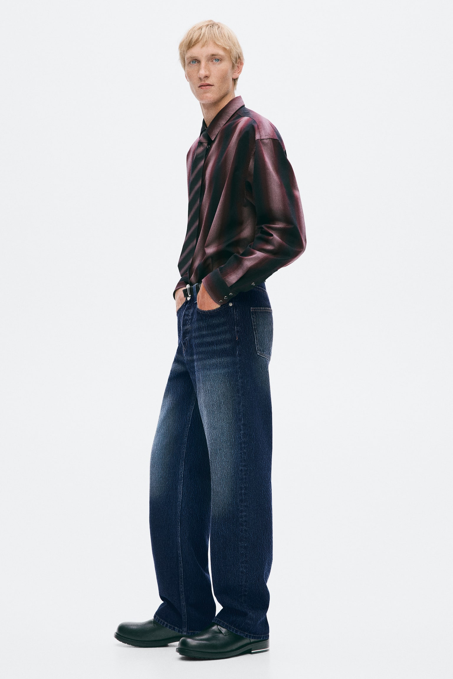 Мужская рубашка H&M Regular-Fit Pima Cotton, цвет: Бордовый / Полосатый — фото 6
