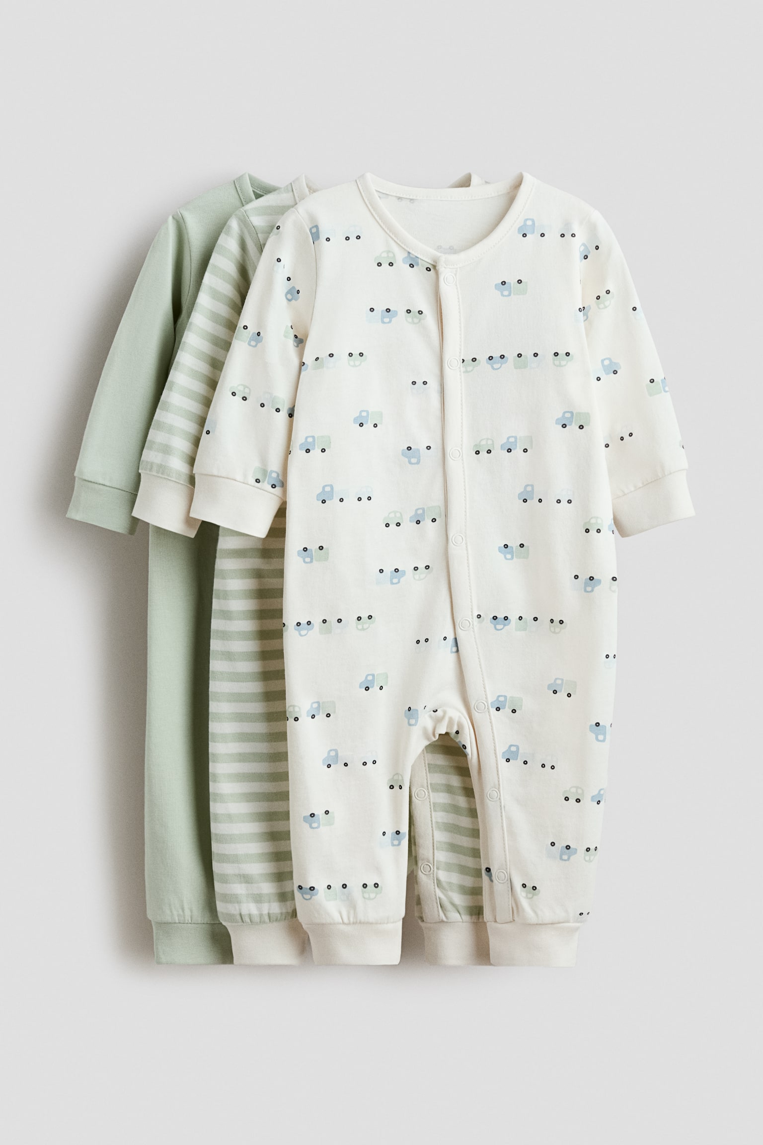 3-pack pyjamasoverall i bomull - Ljusgrön/Fordon/Ljuslila/Blommig/Ljusrosa/Äpplen/Beige/Randig