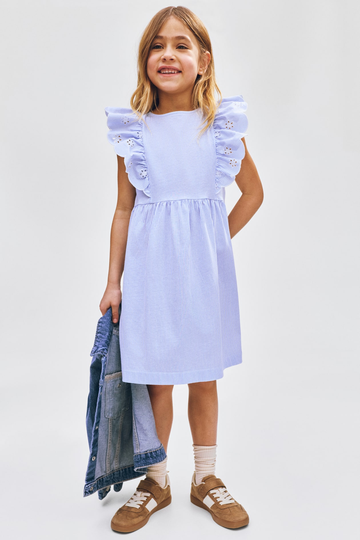 Girls - Light Blue/Striped Flounce-Trimmed Cotton Dress - Size: 1½-2Y