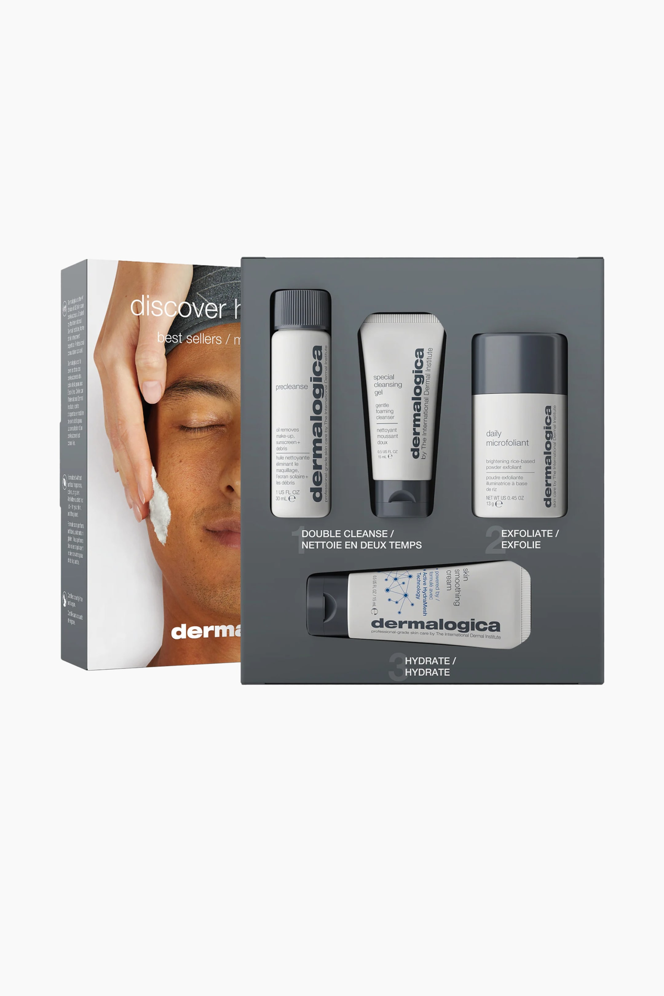 Visa större bild: Dermalogica Discover Healthy Skin Kit visas i framifrån med sin vita ytterförpackning bredvid en grå insatsbricka som håller fyra reseförpackade hudvårdsprodukter. Brickan organiserar Precleanse, Special Cleansing Gel, Daily Microfoliant och Skin Smoothing Cream i avsedda fack märkta med numrerade steg för rengöring, exfoliering och återfuktning.