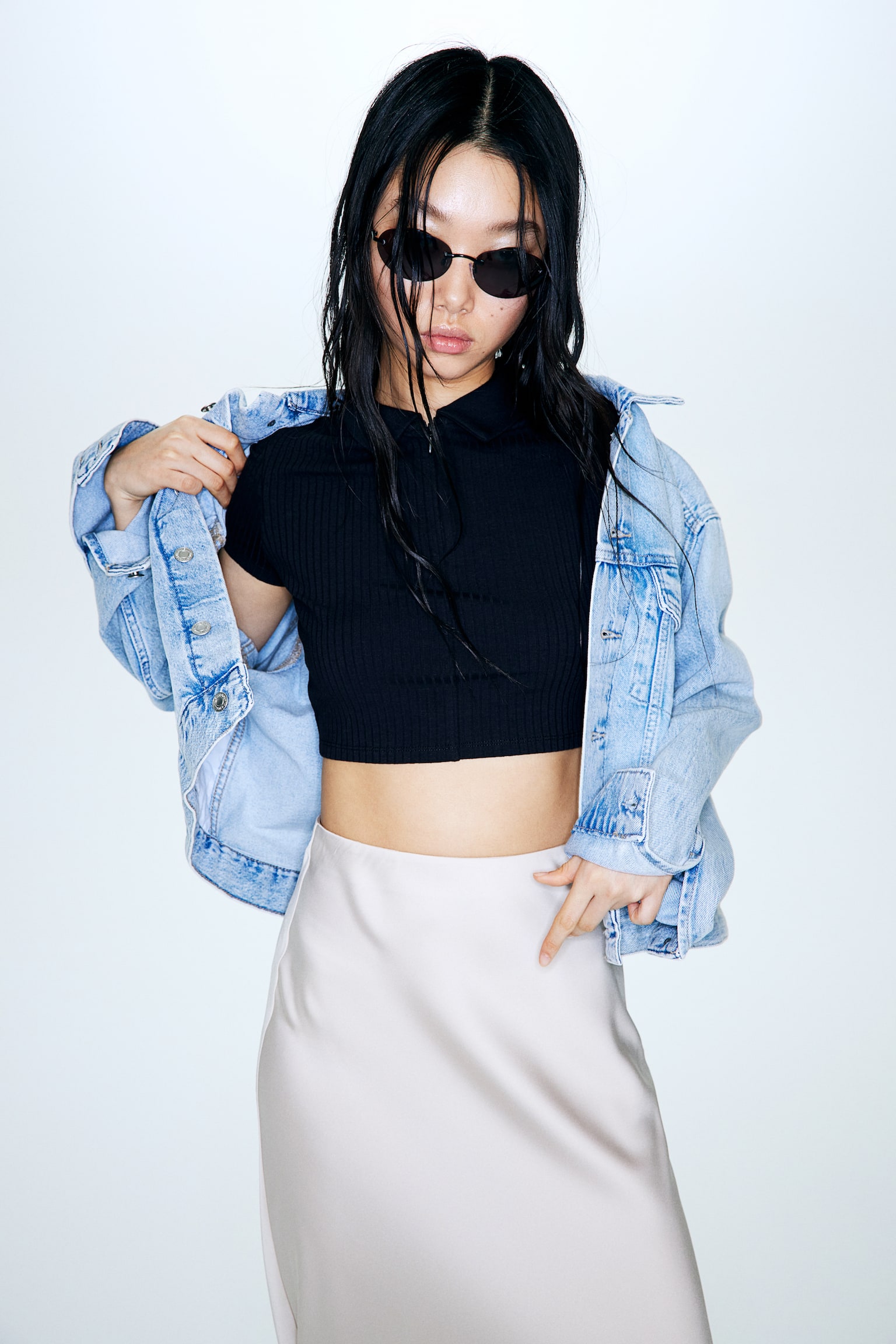 Zip-top cropped top - Black/White/Dark blue - 1