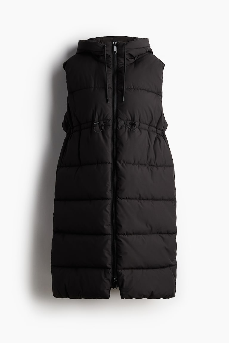 Black Gilet Womens Longline Puffer Gilet MAMA Hooded Puffer Gilet
