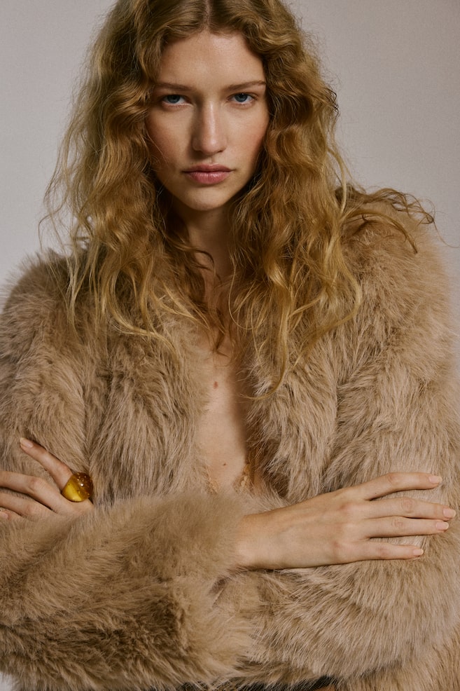 Puff-sleeved jacket - Beige/Dark brown - 1
