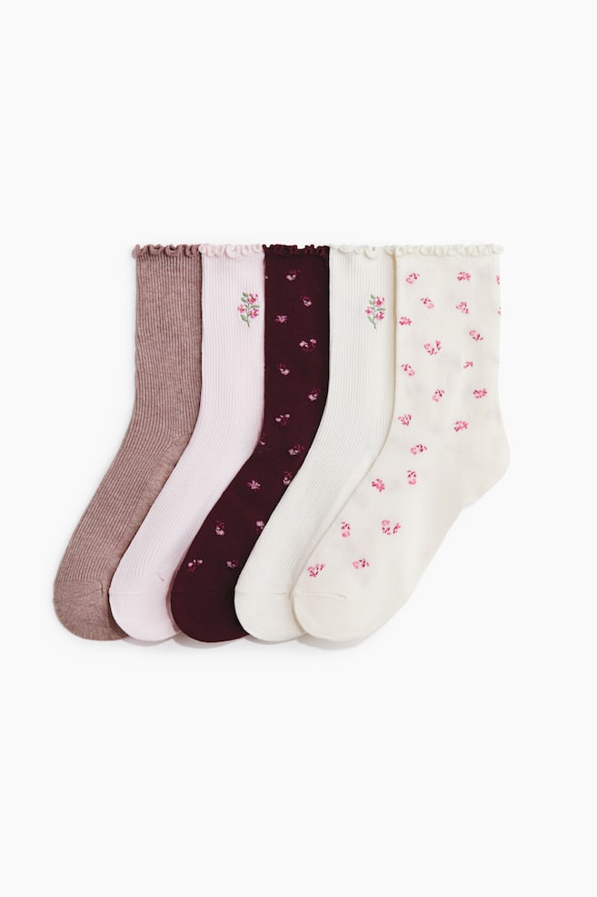 Pack de 5 pares de meias caneladas - Rosa claro/Floral bordeaux/Branco/Branco/Floral/Rosa claro/Rosa pó/Branco/Bordeaux/Castanho escuro/Creme - 1