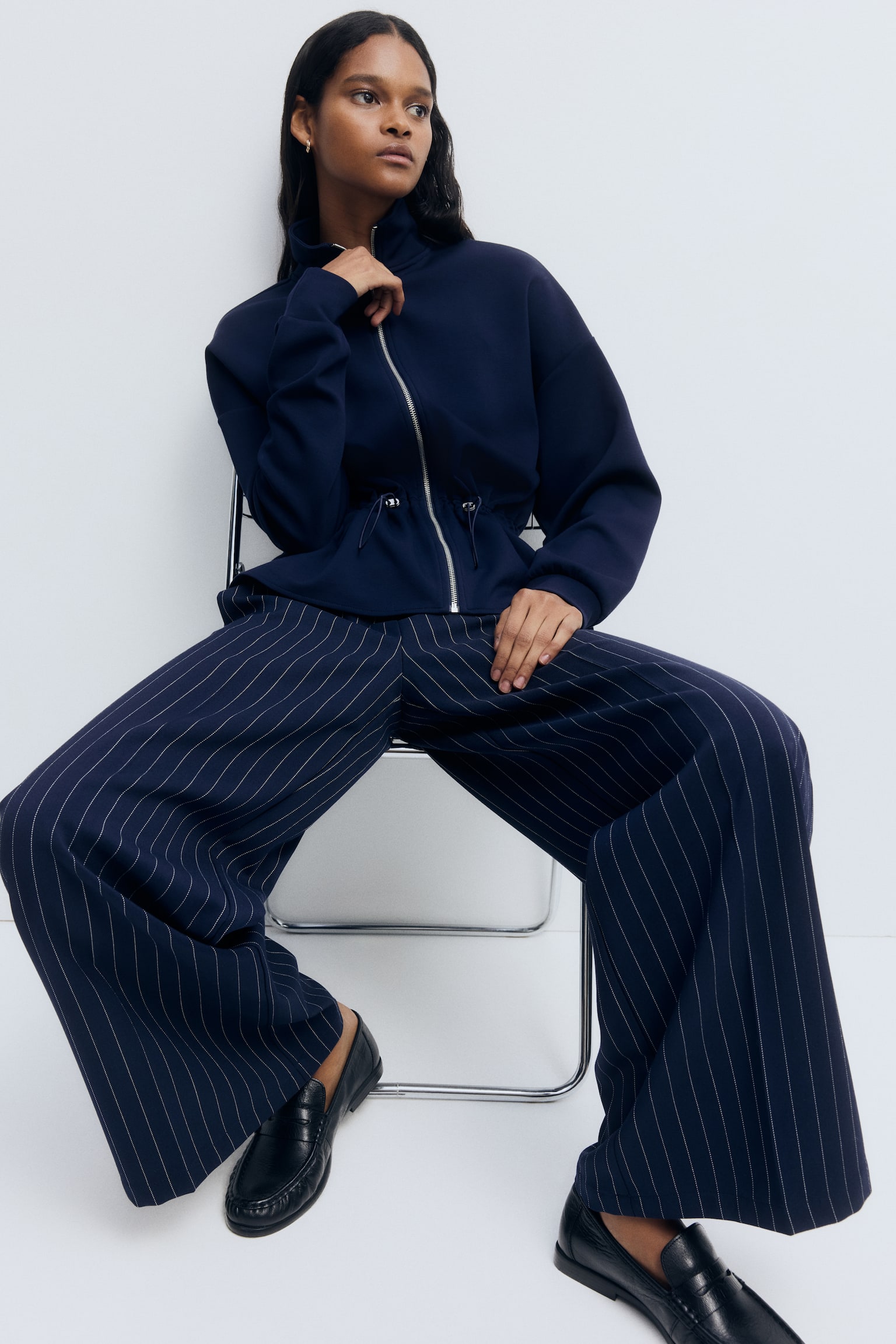 荷葉浪邊拉鍊運動衫 - 海軍藍/黑色 - 4