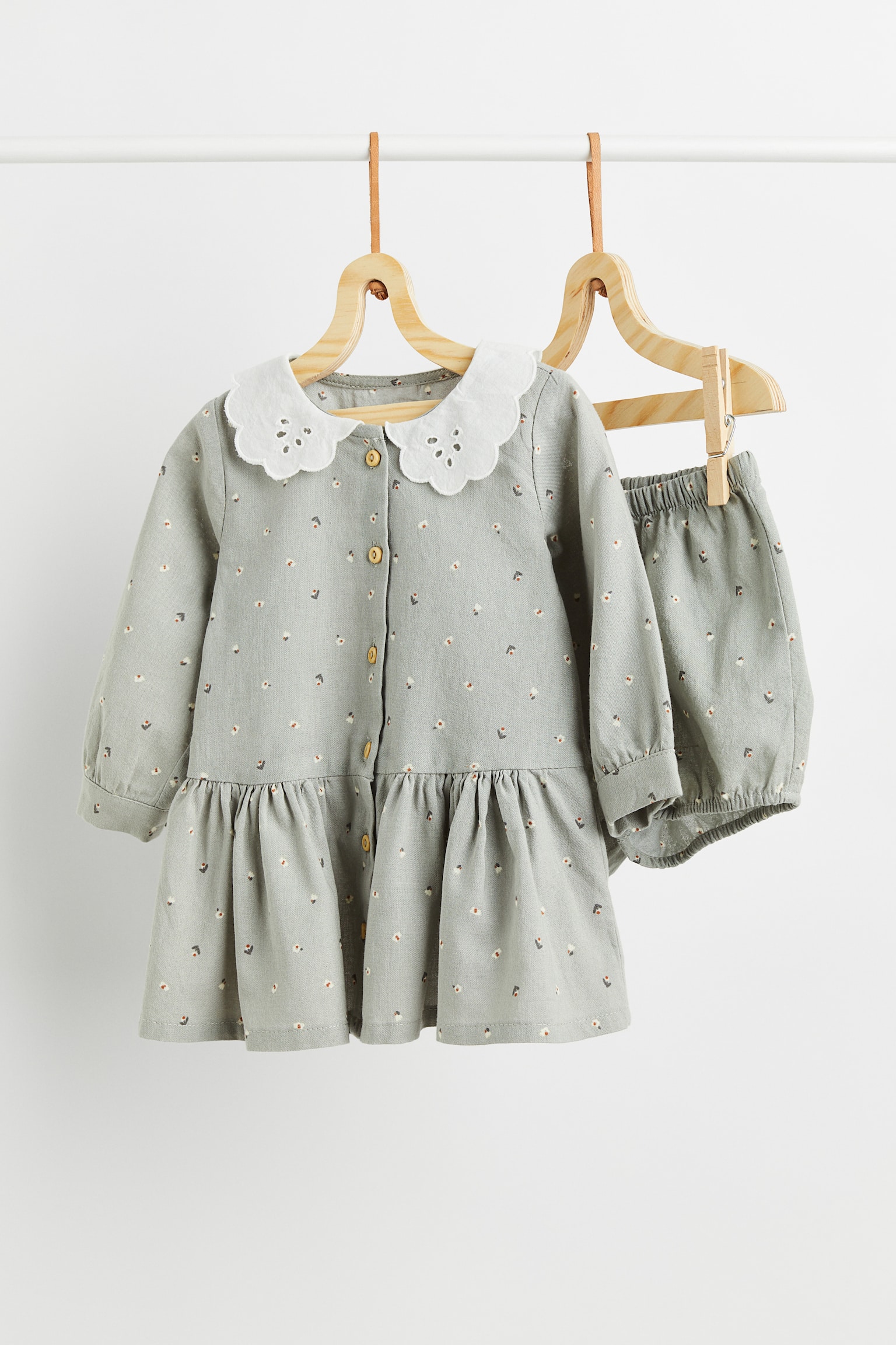 Ensemble 2 pièces en coton - Vert grisé clair/fleuri