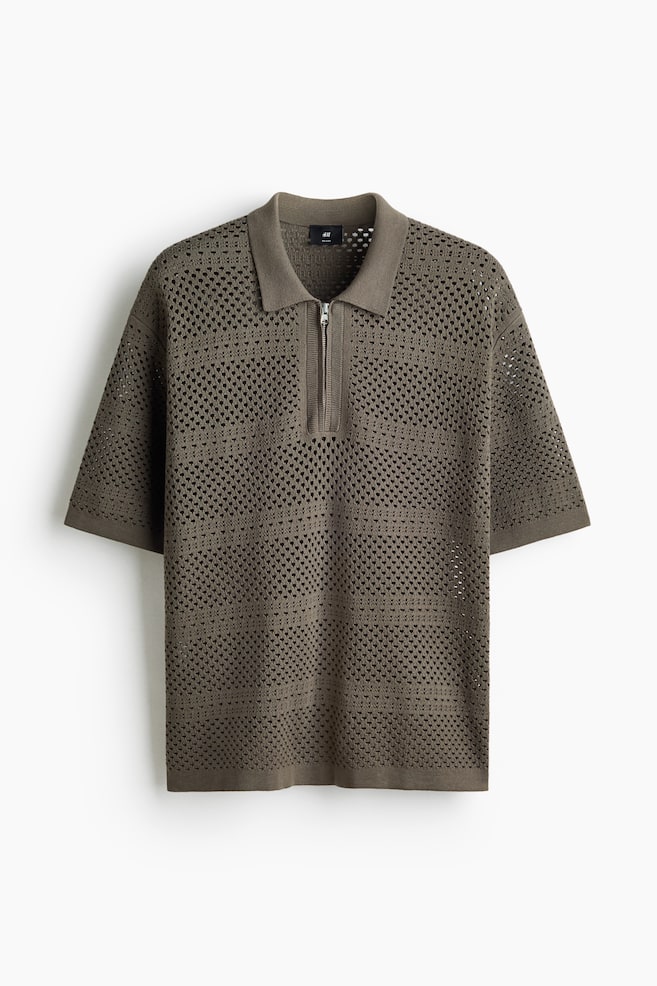 Relaxed-Fit Open-Knit Polo Shirt - Dark taupe/Black - 1