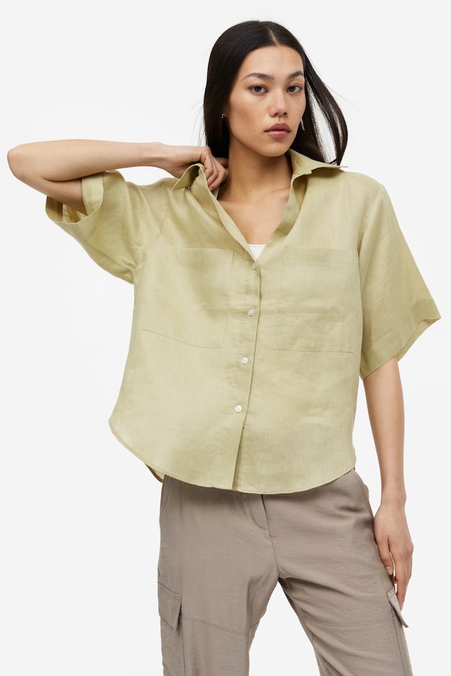 Linen shirt - Light pistachio green/White - 1