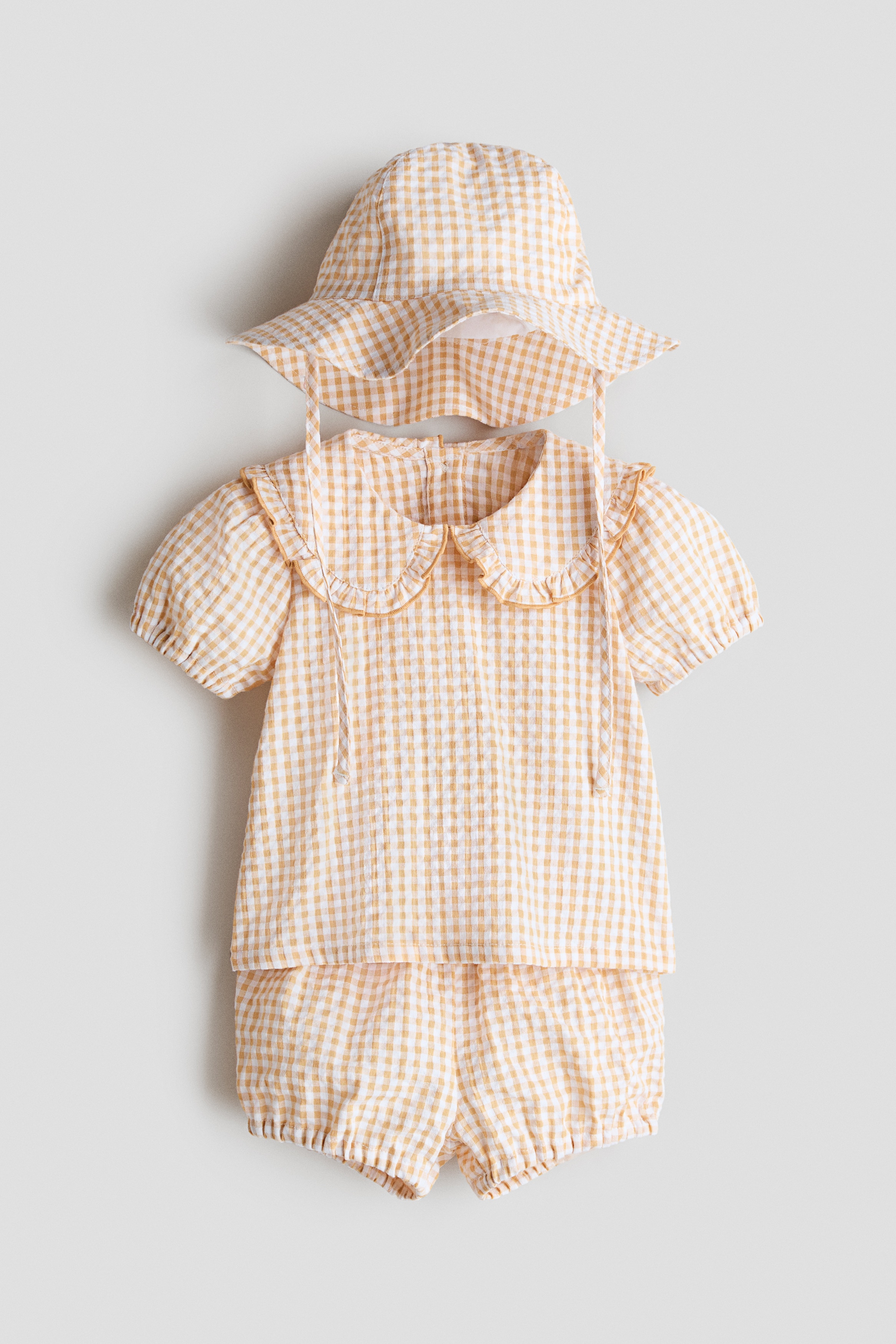 Ensemble 3 pièces en coton - Jaune ancien/à carreaux/Crème/fleuri